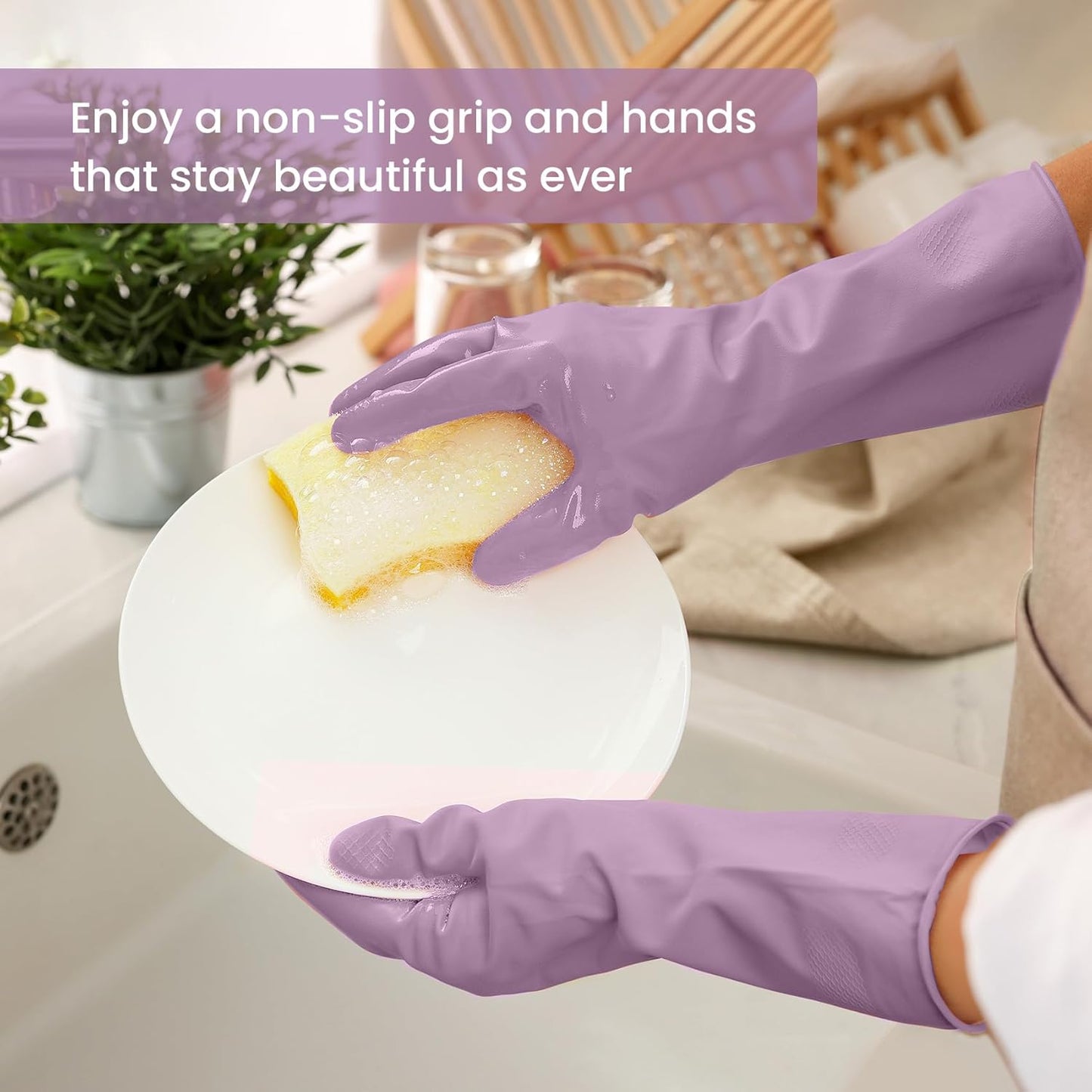 Rubber Cleaning Gloves for Dishwashing, 4 Pairs Reusable Kitchen Gloves for Washing Dishes and Household Cleaning, Purple Dish Gloves with Flocked Lining and Non-Slip Grip, Pefect for Woman Men - L
