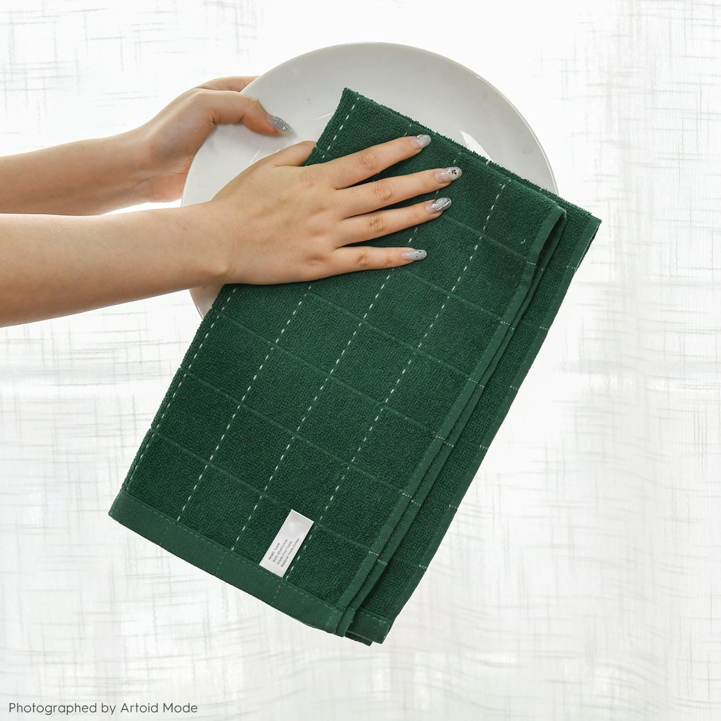 Artoid Mode Checkered Designed Cotton Green Terry Kitchen Dish Towels, 15x25 Inch Soft Absorbent Quick Drying Family Cleaning Tea Towels Set of 4