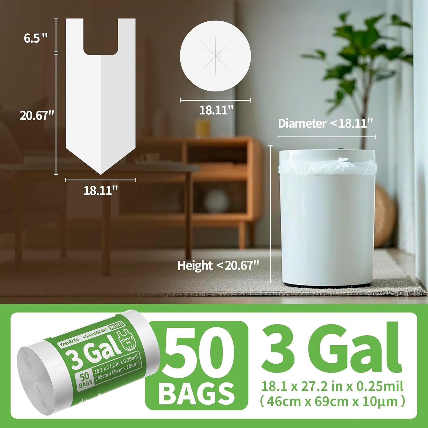 Small Trash Bags with Handles 3 Gallon 50 Count White - Ocean Plastic Upcycling - Plastic Garbage Bags, Can Bin & Waste Basket Liner for Kitchen, Bathroom, Office and Pets