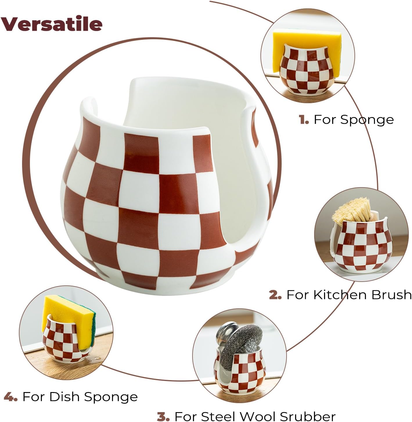 Checkered Sponge Holder for Kitchen Sink Counter, Ceramic Dish Sponge Caddy White Sink Organizer Dish Rack Farmhouse Brush Holder for Bathroom, Brown and White