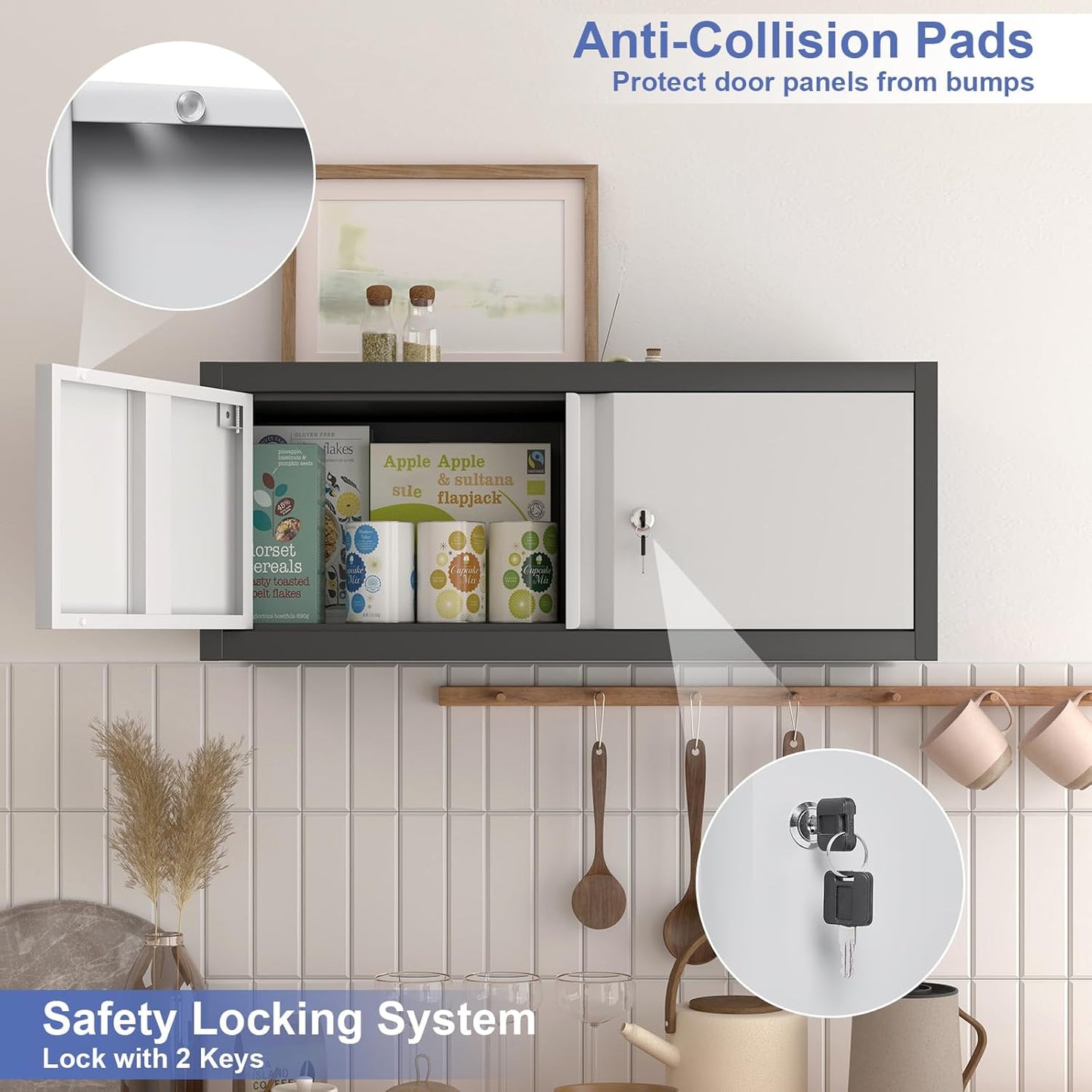 Metal Garage Storage Cabinet, Locking Cabinet Wall Mounted, 12.8" H Floating Cabinet for Warehouse, Upper Tool Cabinet with Shelf for Home Office, Basement, Kitchen, RV Organization