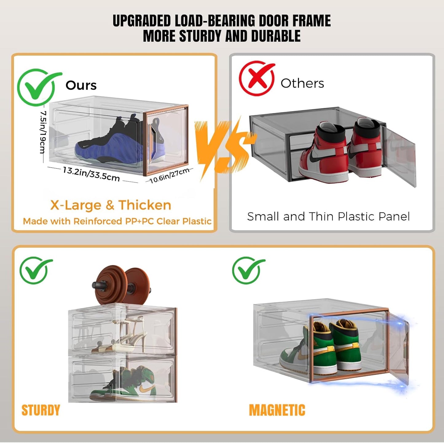 X-Large Stackable Shoe Boxes - Clear Plastic Shoe Storage Boxes with Magnetic Door, Thicken Shoe Organizer for Closet, Space Saving Foldable Shoe Containers Bins for Sneaker Boot - 8 Pack(Brown)