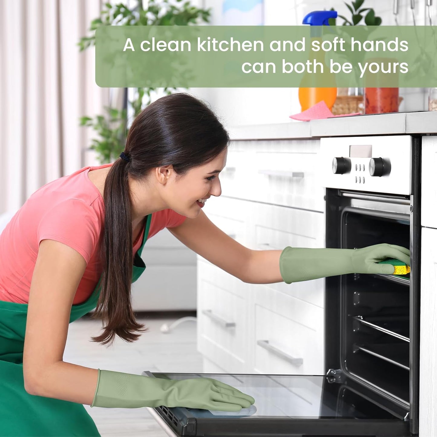 Rubber Cleaning Gloves for Dishwashing, 4 Pairs Reusable Kitchen Gloves for Washing Dishes and Household Cleaning, Green Dish Gloves with Flocked Lining and Non-Slip Grip, Pefect for Woman Men - L