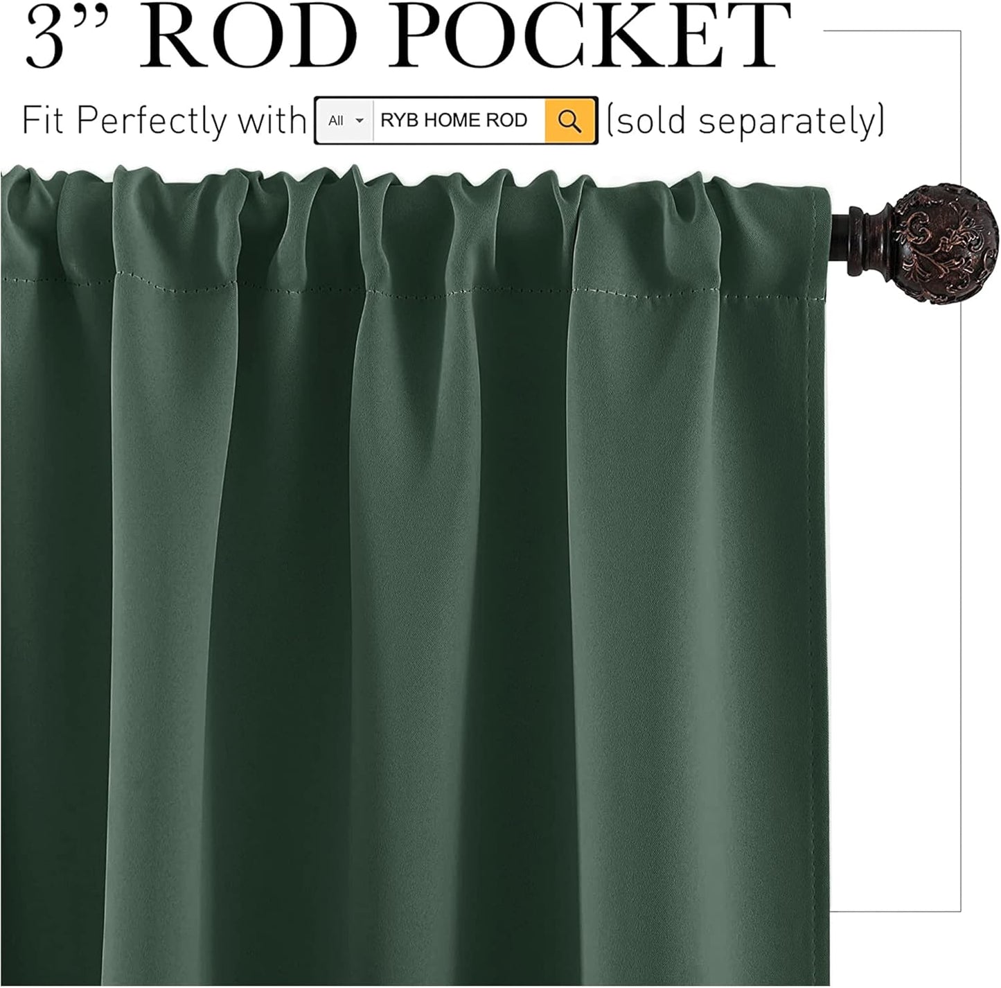 RYB HOME Living Room Curtains 72 inch Length 2 Panels Set, Thermal Insulated Privacy Window Drapes Rod Pocket Design All Lights Blocking for Bedroom Studio, W 42 x L 72 inch, Dark Green
