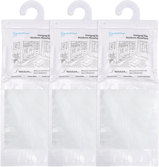 500 Gram Moisture Absorber Hanging Bags 3 Pack - 17.6 oz Fragrance-Free Large Dehumidifier for Closet, Bathroom, Bedroom – Double Leak-Proof Design & Dual-Sided Absorption