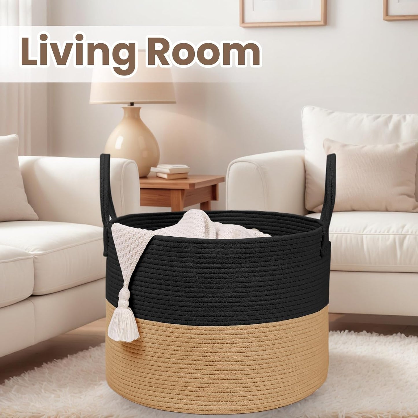 Woven Blanket Basket,115L Large Rope Storage Bin with Handles, Organizer for Blankets Toys Book and Clothes, Laundry Basket for Living Room Bedroom Nursery,Black&Jute