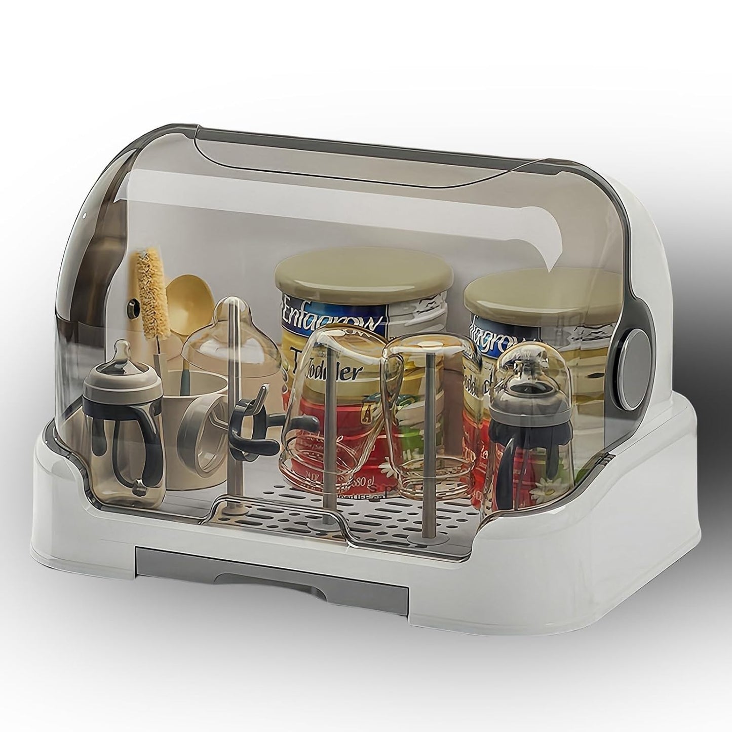 Baby Bottle Drying Rack Storage, Nursing Bottle Storage Box Organizer with Cover, Portable Kitchen Cabinet Organizer, Durable countertop Dryer (Grey)