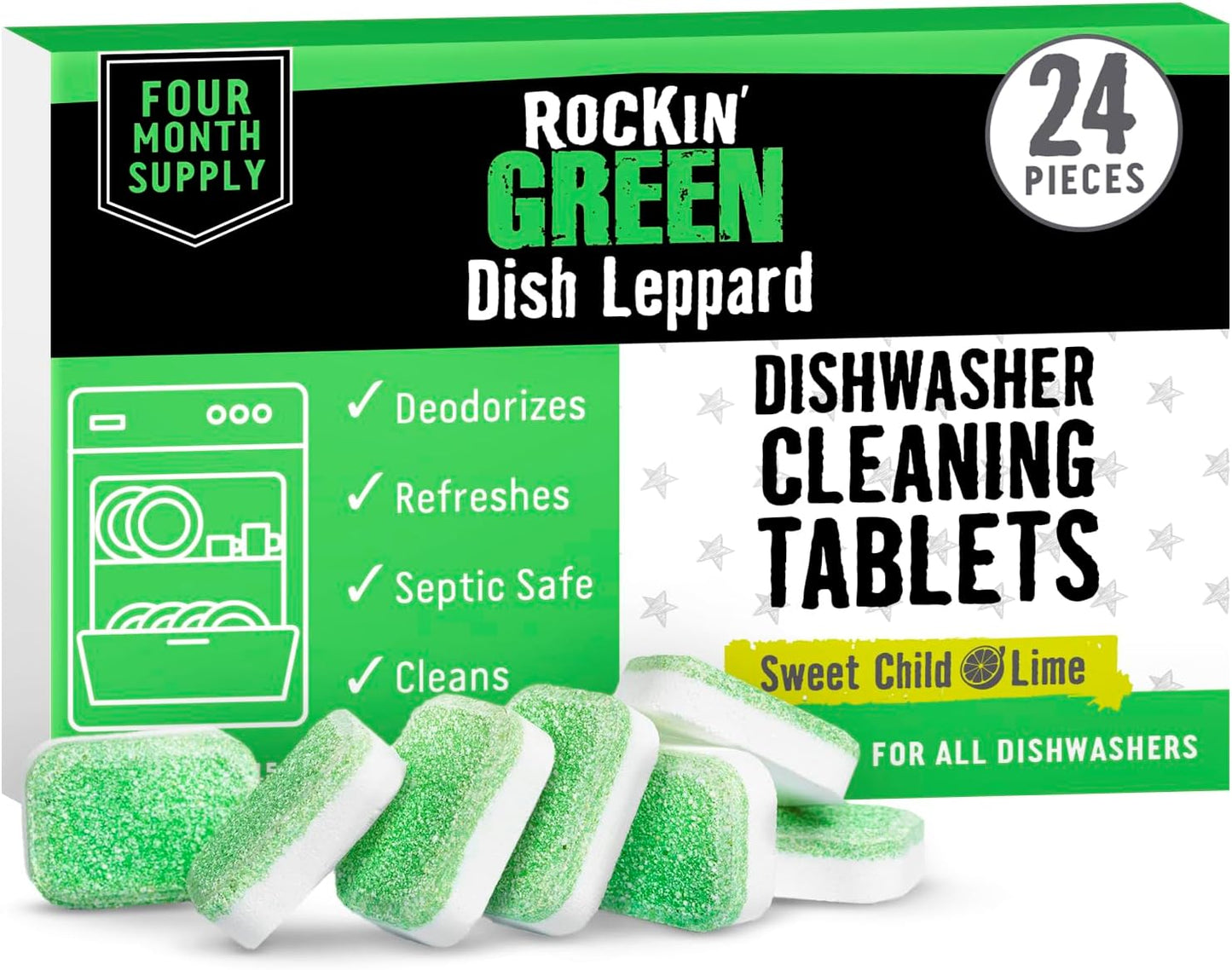 Rockin' Green Deep Cleaning and Deodorizing Tablets for Dishwashers, Washing Machines, and Garbage Disposals, Removes Odor and Residue (Dishwasher Cleaning Tablets, 24 Pack)