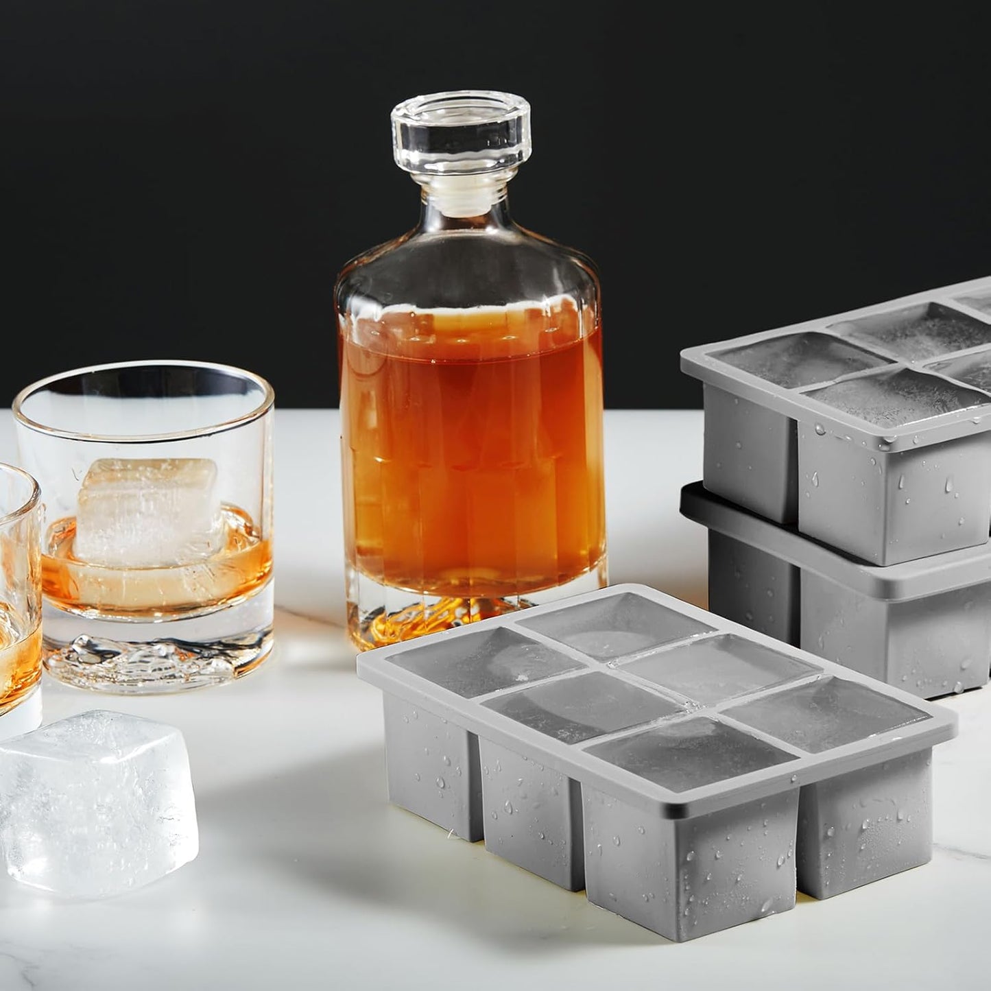 Nax Caki Silicone Large Ice Cube Trays with Lid Pack of 4, Stackable Big Square Ice Cube freezer Molds for Whiskey Cocktails Bourbon Soups Frozen Treats