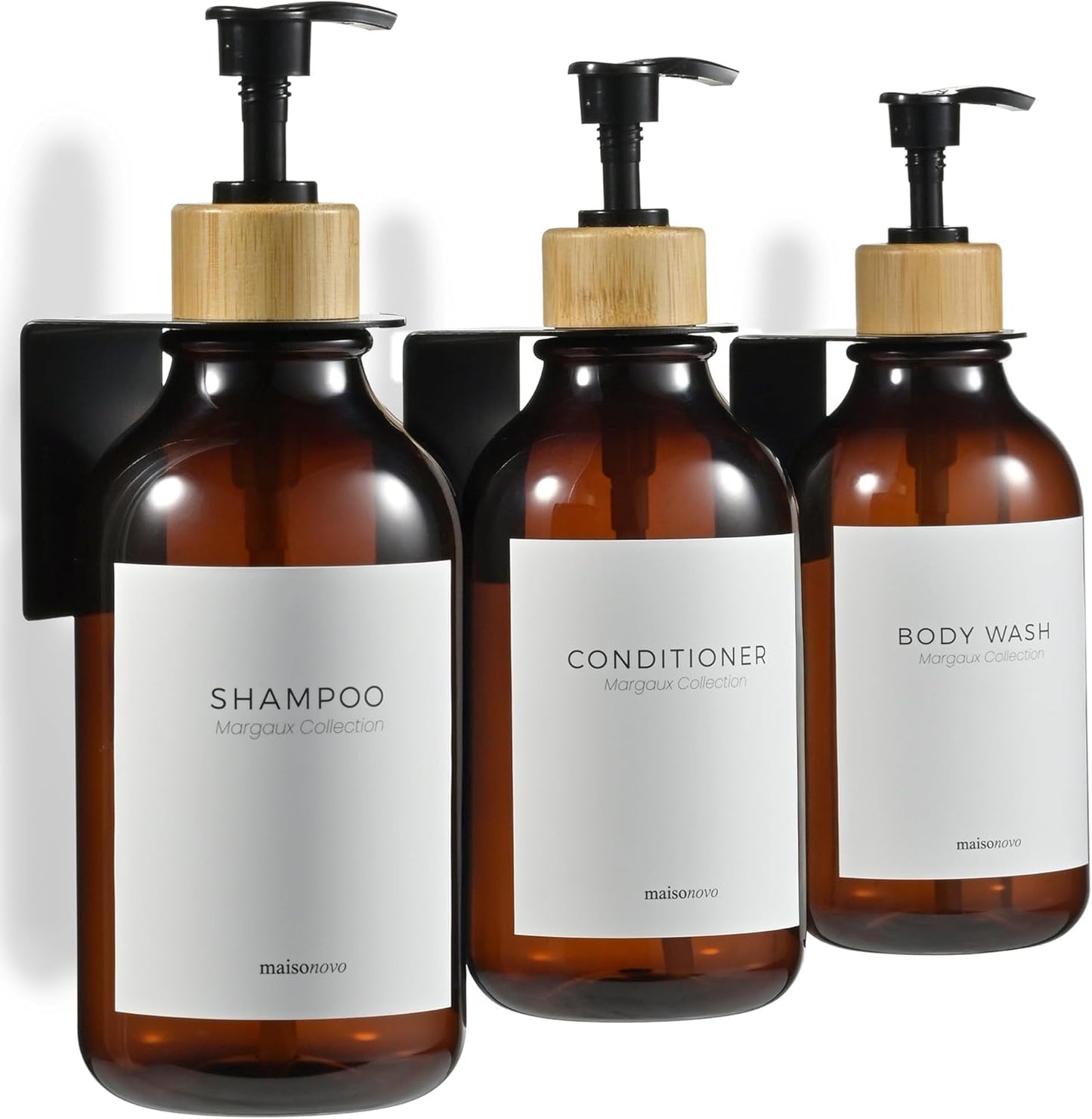 MaisoNovo Shampoo and Conditioner Dispenser - Shower Soap Dispenser Wall Mounted - 16.9 fl oz Set of 3 Amber Plastic Bottles Black Bamboo Pump - Shampoo Dispenser, Shower Dispenser 3 Chamber No Drill