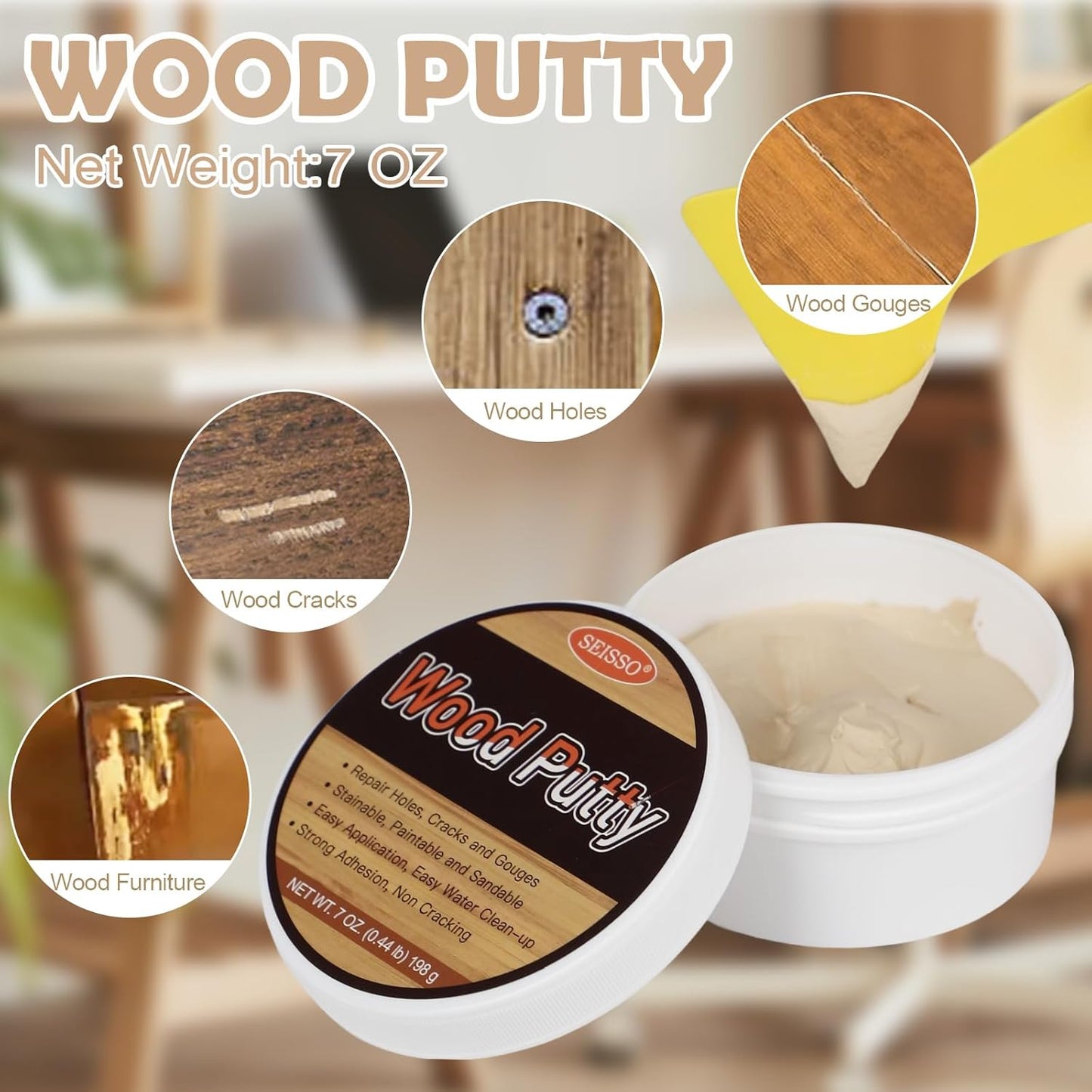 SEISSO Wood Putty, White Oak Wood Filler Paintable, Wood Putty Outdoor Waterproof, Wood Repair Putty Stainable, Wood Furniture Repair kit - Restore Wooden Table, Cabinet, Floors, Door