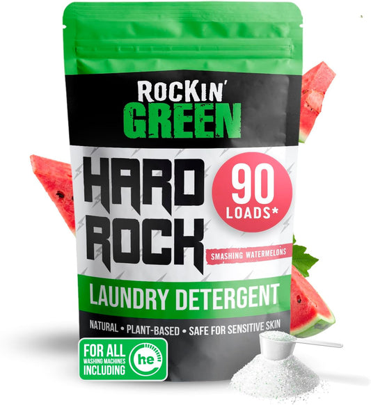 Rockin' Green Hard Rock Laundry Detergent for Hard Water (90 Loads), Plant based, Natural Laundry Detergent Powder, Biodegradable Odor Fighter, Safe for Sensitive Skin, 45 oz (Smashing Watermelons)