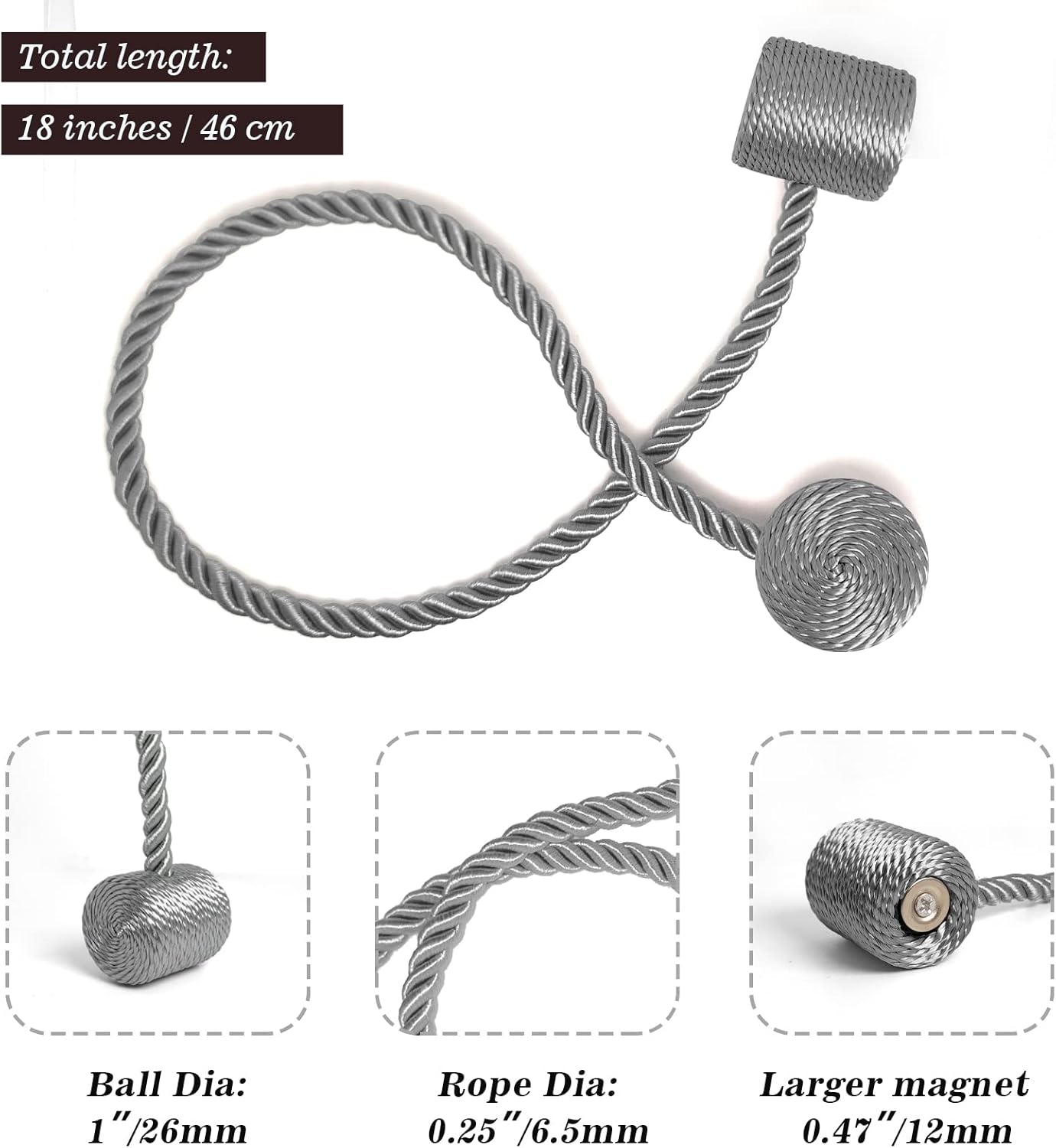 Hion Magnetic Curtain Tiebacks Grey 2pcs, Curtain Tiebacks Buckles Holdbacks Holders Hooks Clip for Home Bedroom Office Decorative Curtain