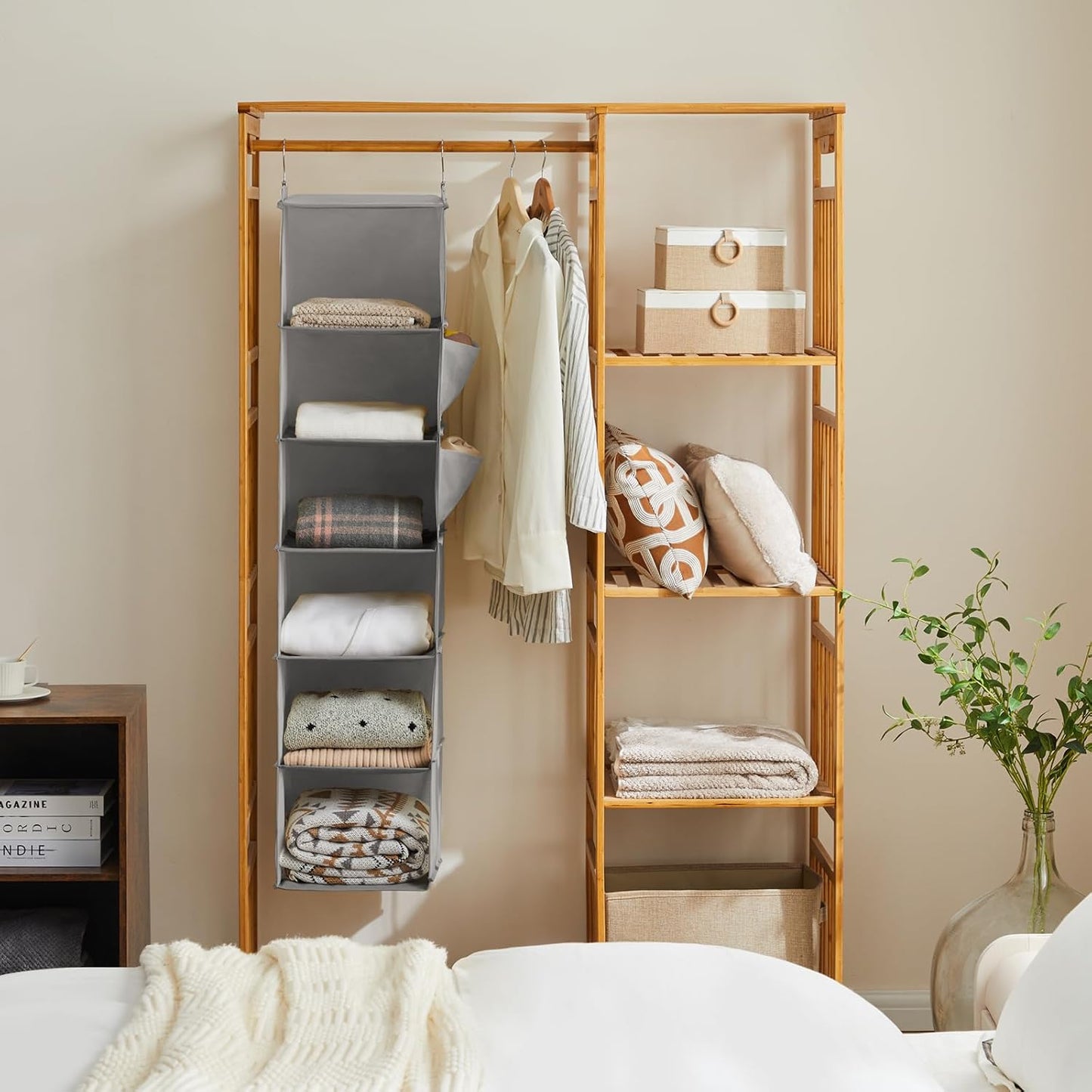 YOUDENOVA Hanging Closet Organizer and Storage, 6-Shelf Closet Hanging Shelves | Sturdy Bamboo Structure Cloth Hanging Storage, Sweater Organizer, 11.8” x 11.8” x 47.2”, Light Grey