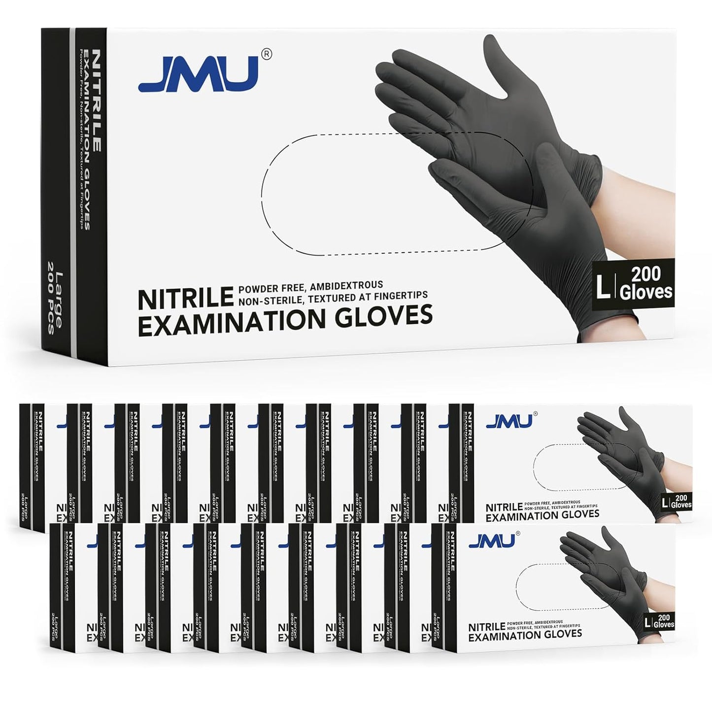 JMU Black Nitrile Gloves Large, 3.5Mil Disposable Nitrile Exam Gloves Latex Free Powder Free, 4000 Pcs