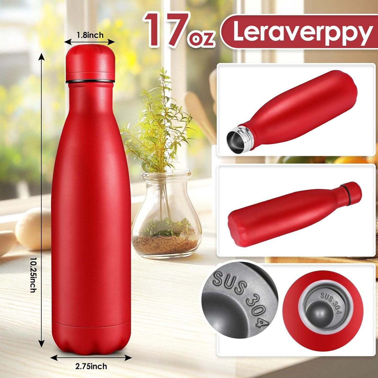 17oz Cola-Bottle Shaped Stainless Steel Leak-proof Water Bottle,Double Wall Vacuum Insulated Metal,Travel Mug For Sports Indoors & Outdoors,BPA-Free School Kids Flasks,Red(1Pack)