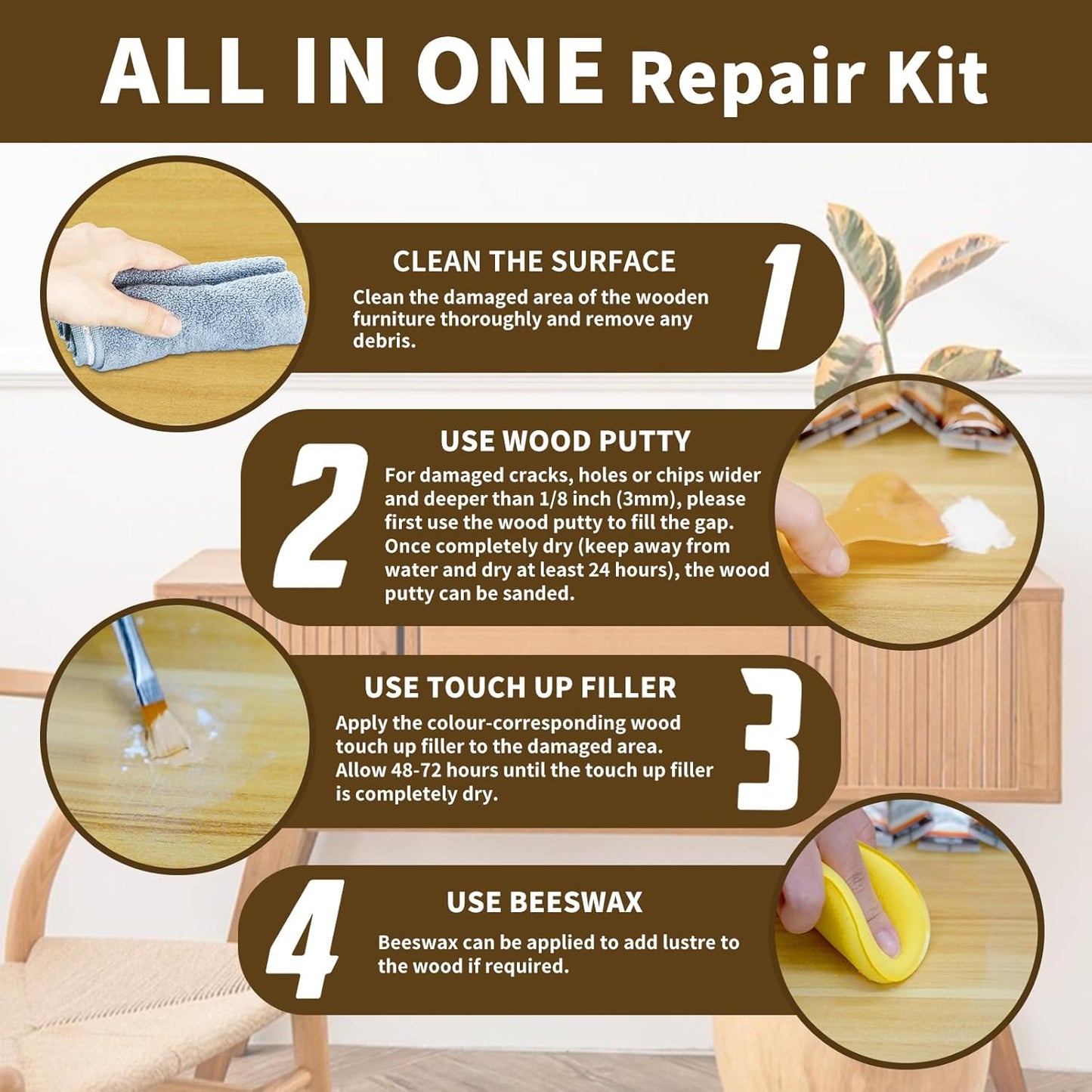 Wood Furniture Repair Kit, All-in-One Large Capacity Floor Repair Kit Include Wood Putty & 12 Colors Wood Touch Up Filler and Beeswax, Vinyl Floor Repair Kit for Scratch, Cracks, Stain, Holes