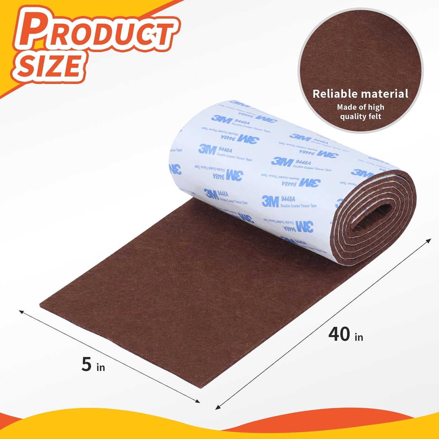 Felt Furniture Pads, Non Slip Self Adhesive Cuttable Felt Tape Brown Heavy Duty Felts Strip Roll for Protecting Hardwood Floors Chair Wall Protector (40 x 5 x 0.12 Inch)