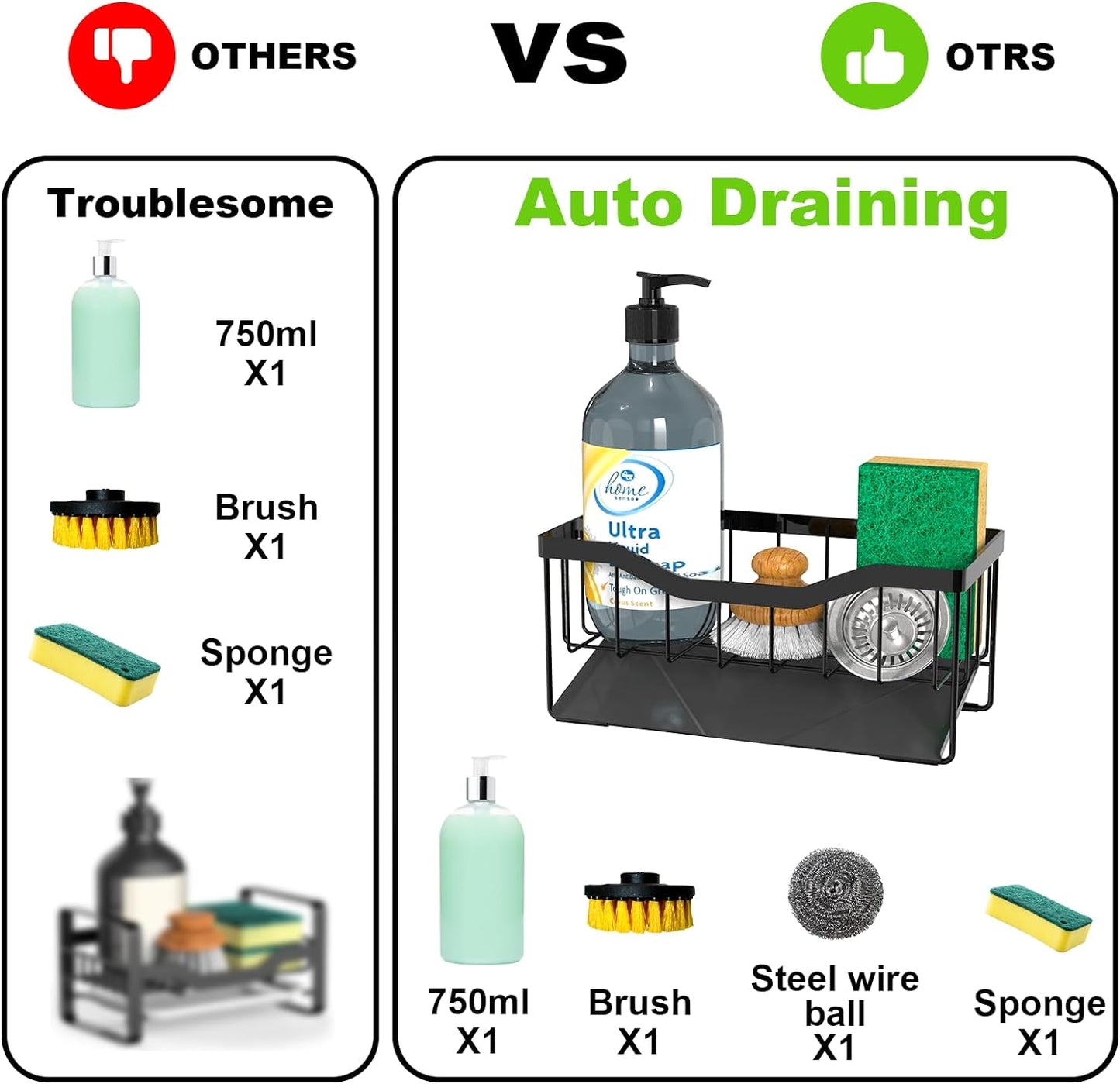 Vanwood Sponge Holder for Kitchen Sink with Auto Draining Tray, Sink Caddy Kitchen Sink Cocina Organizer, Self Drain Dish Soap Sponge Caddy for Counter