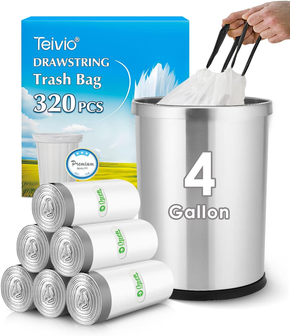 4 Gallon 320 Counts Strong Drawstring Trash Bags Garbage Bags by Teivio, Bathroom Trash Can Bin Liners, Small Plastic Bags for home kitchen office, White