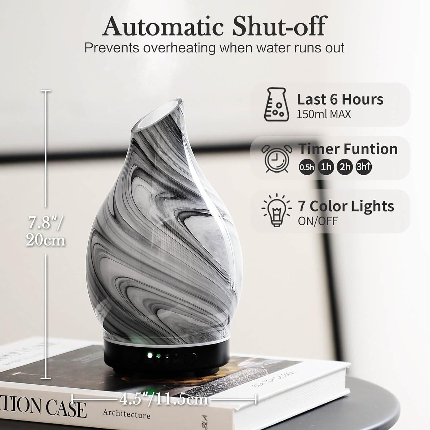 Porseme 150ml Essential Oil Diffuser Glass Color Changing Aroma Air Diffusers Aromatherapy Ultrasonic Cool Mist Humidifier 6 Running Hours Waterless Auto-Off for Sleeping Yoga Office (Mini Blue Ink)