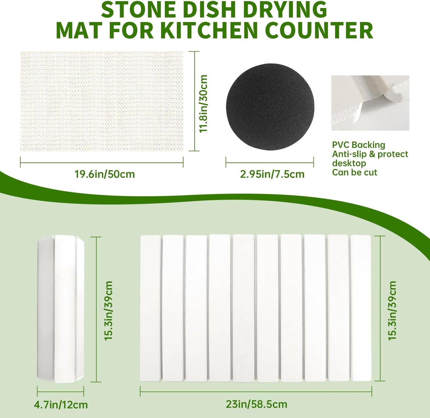 Stone Drying Mat for Kitchen Counter Square, 23.62"x15.35", Collapsible Quick Dry Dish Drying Mat, Absorbent Diatomaceous Earth Pads Match Any Countertop for Dishes Kitchen and Bathroom