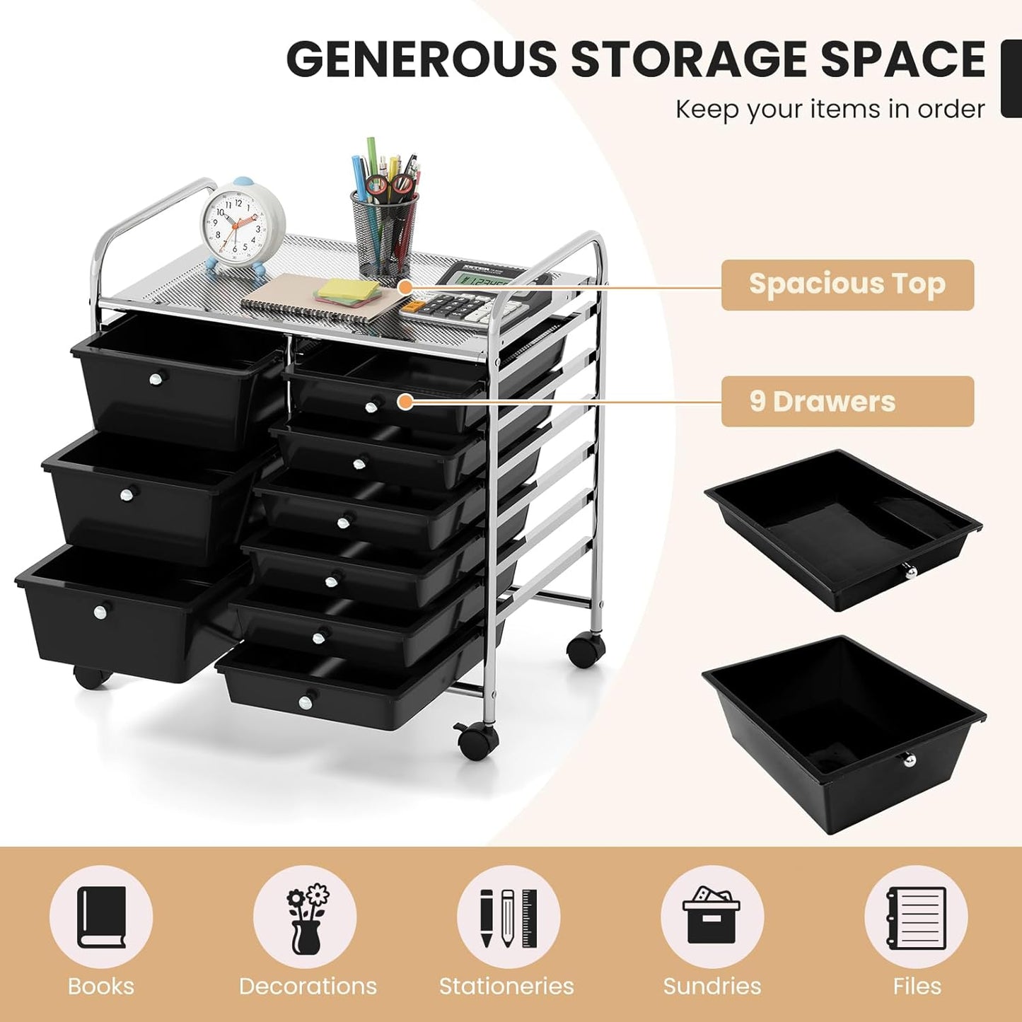 GOFLAME 9-Drawer Rolling Storage Cart, Mobile Utility Cart with Removable Drawers & Metal Frame, Art Craft Organizer Cart with Lockable Wheels, Storage Drawer Cart for Home Office School, Black