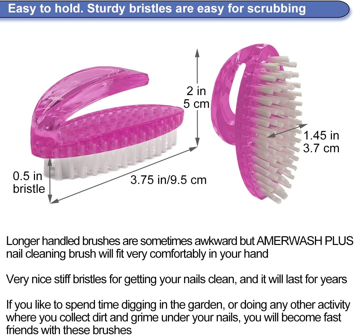 Handle Grip Nail Brush for Cleaning Fingernails Hands & Under Nails, Stiff Bristle Mechanic Scrub Brush Cleaner for Men Women, Pedicure Scrubbing Tool kit - 4 Pink