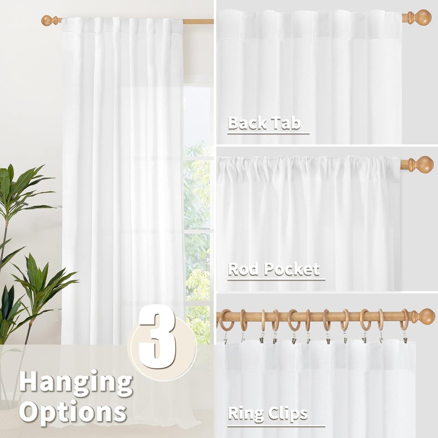 YoungsTex White Linen Curtains for Kitchen Window Over Sink - Small Half Window Drapes Semi Sheer with Back Tab for Front Door Cafe, 2 Panels, 30 X 40 Inch