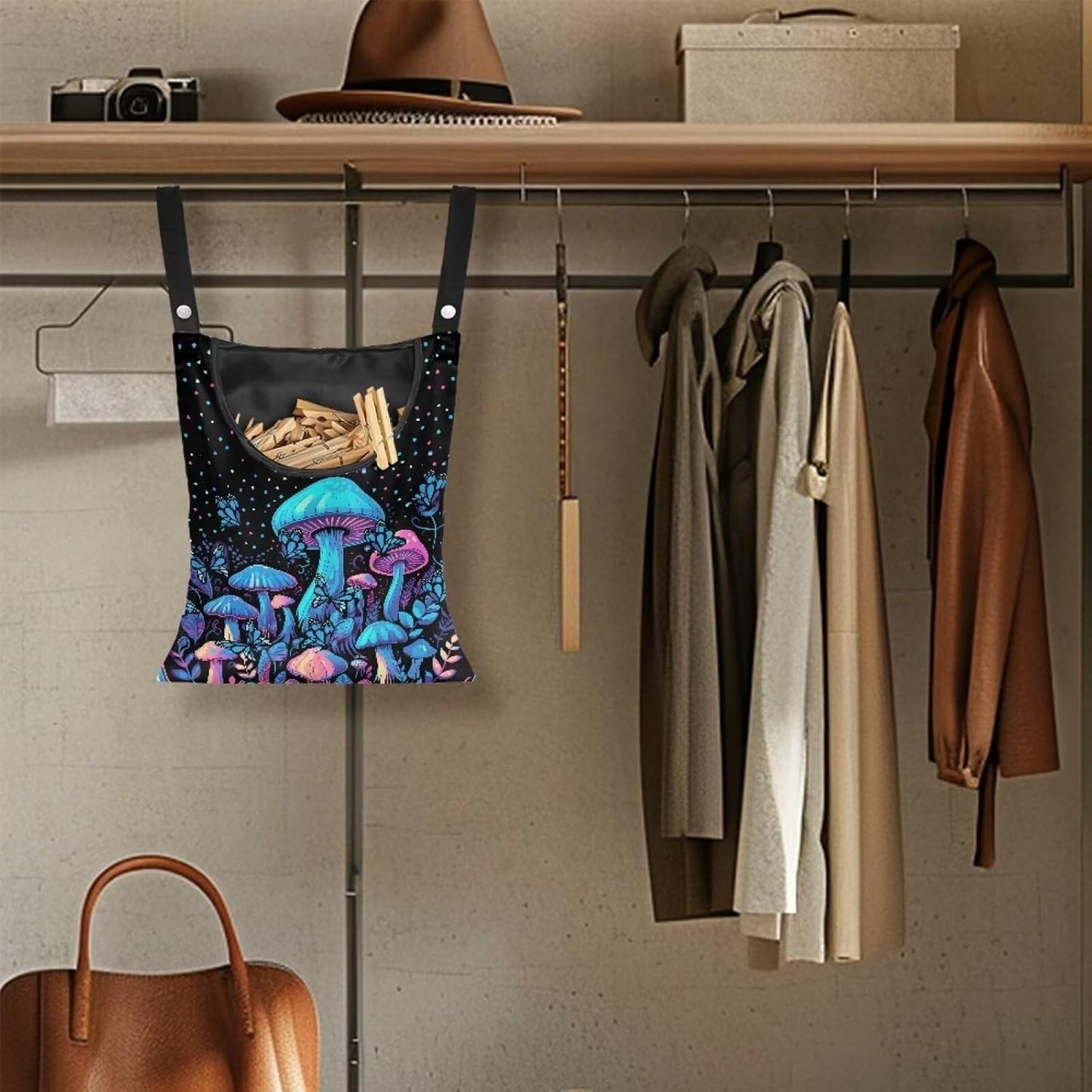 Blue Mushroom Adjustable Door-Hanging Laundry Clothespin Bag Clothespin Storage Bag Laundry Clothespin Bag, Hanging Storage Organizers with Hanging Rope for Home Outdoor