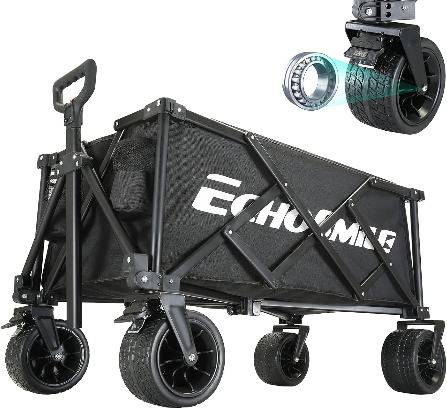 EchoSmile Collapsible Folding Wagon Cart with Compact Storage - 400LBS Capacity All Terrain Utility Cart for Camping, Beach, Grocery, Gardening - Black Outdoor Wagon