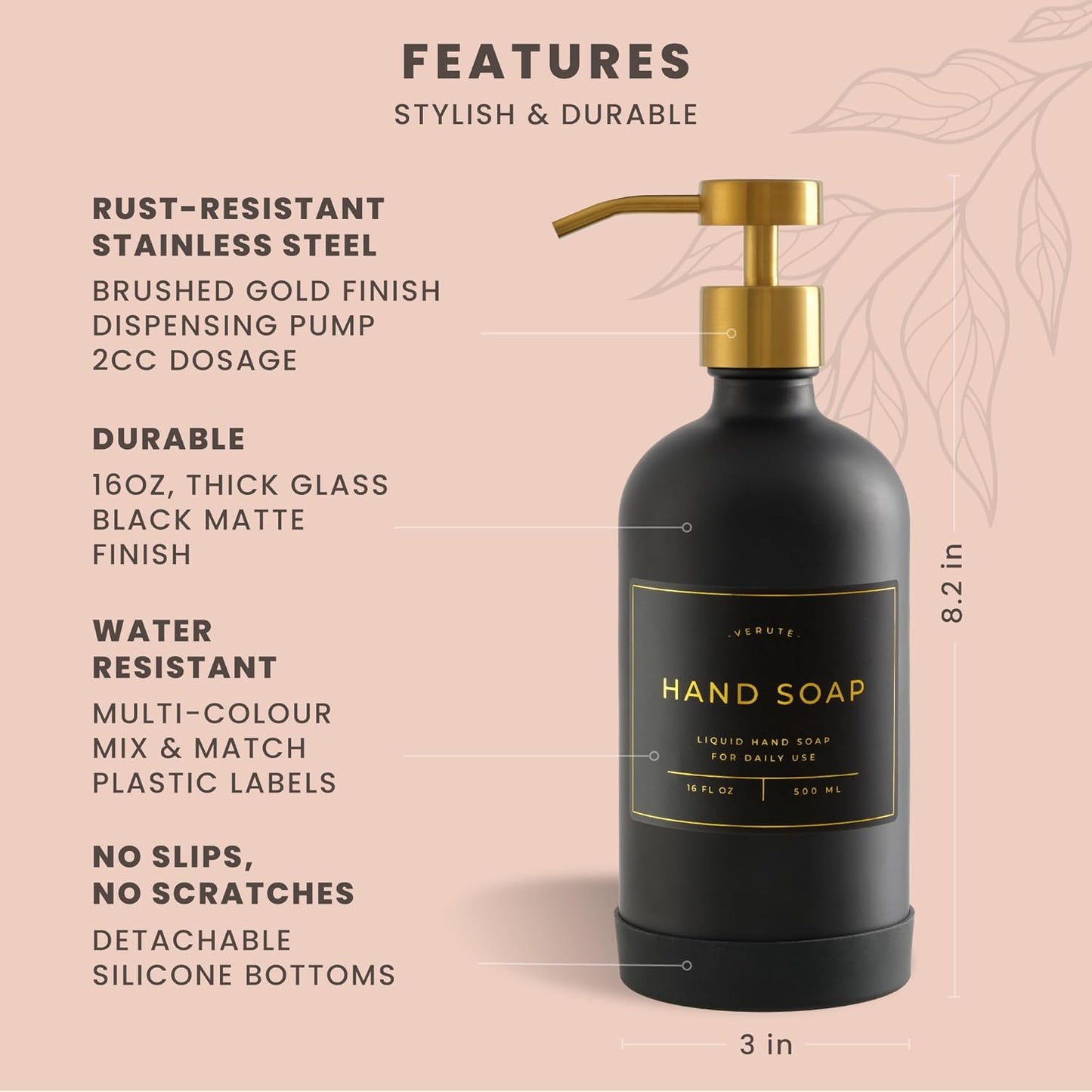 16oz Glass Soap Dispenser with Stainless Steel Pump, 21 Waterproof Labels, Non-Slip Protective Silicone Pad, Set of 2 for Bathroom & Kitchen (Matte Black Bottle/Brushed Gold Pump)