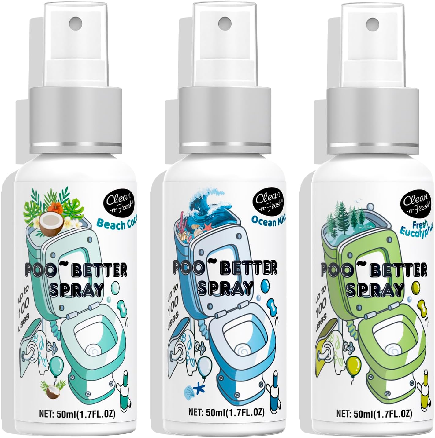 Clean-n-Fresh Toilet Spray, Variety 3 Pack - Ocean Mist/Eucalyptus/Beach Coco, Bathroom & Toilet Odor Elimination, Travel Size Toiletries, Total 5.1 Fl Oz