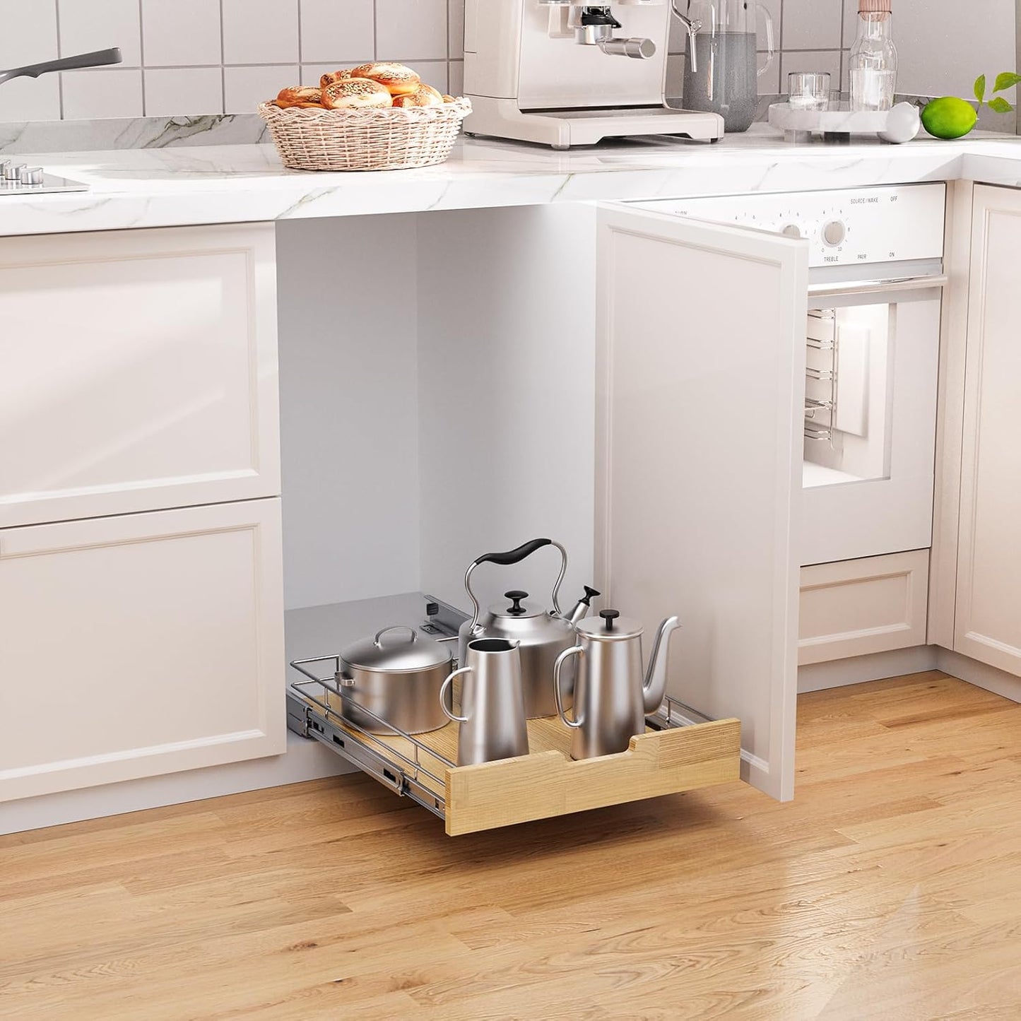 Pull Out Cabinet Organizer,Heavy-Duty Slide Out Shelf, Wood And Wire Basket, Pull Out Drawer for for Kitchen Under Sink Space, Pantry, Bathroom (17 * 21 WM)