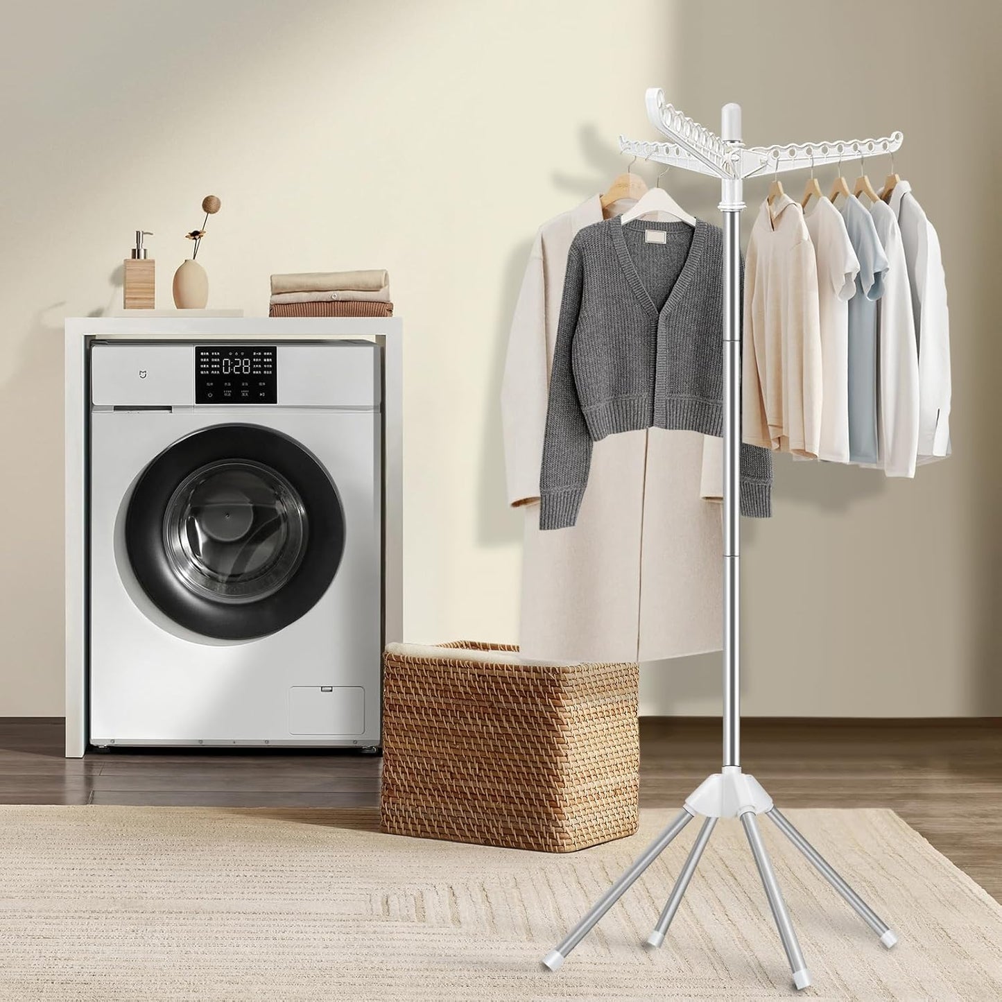 SUYU Clothes Drying Rack, Foldable Drying Rack Clothing, Laundry Drying Rack, 59-Inch Indoor Clothes Airer with 3 Rotatable Arms, Stainless Steel,4 Legs,White and Silver SNJ101