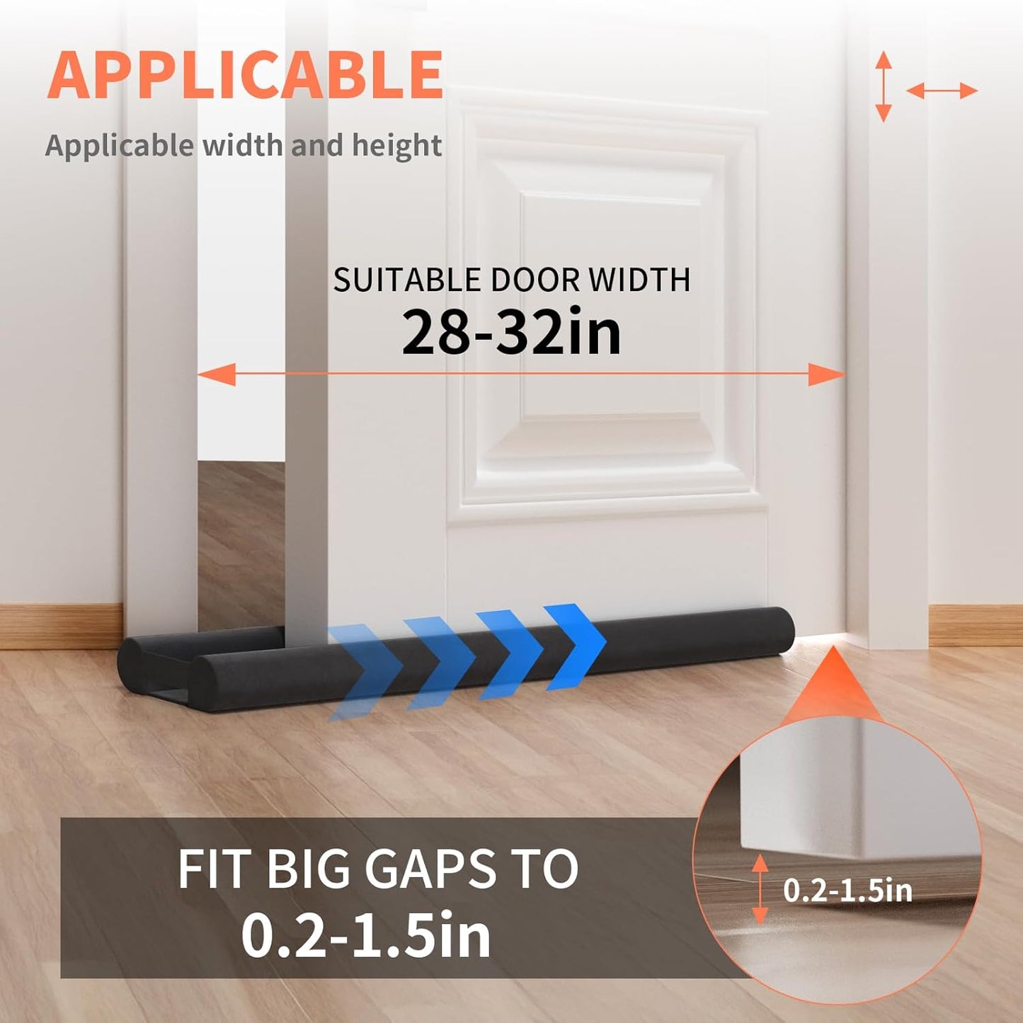 Upgraded Door Draft Stopper for Bottom of Door, Under Door Gap Filler for Big Gap, No Folding Required, Flexible Installation Door Sweep soundproofing Strip for Home & Apartment, 28-32in, Black