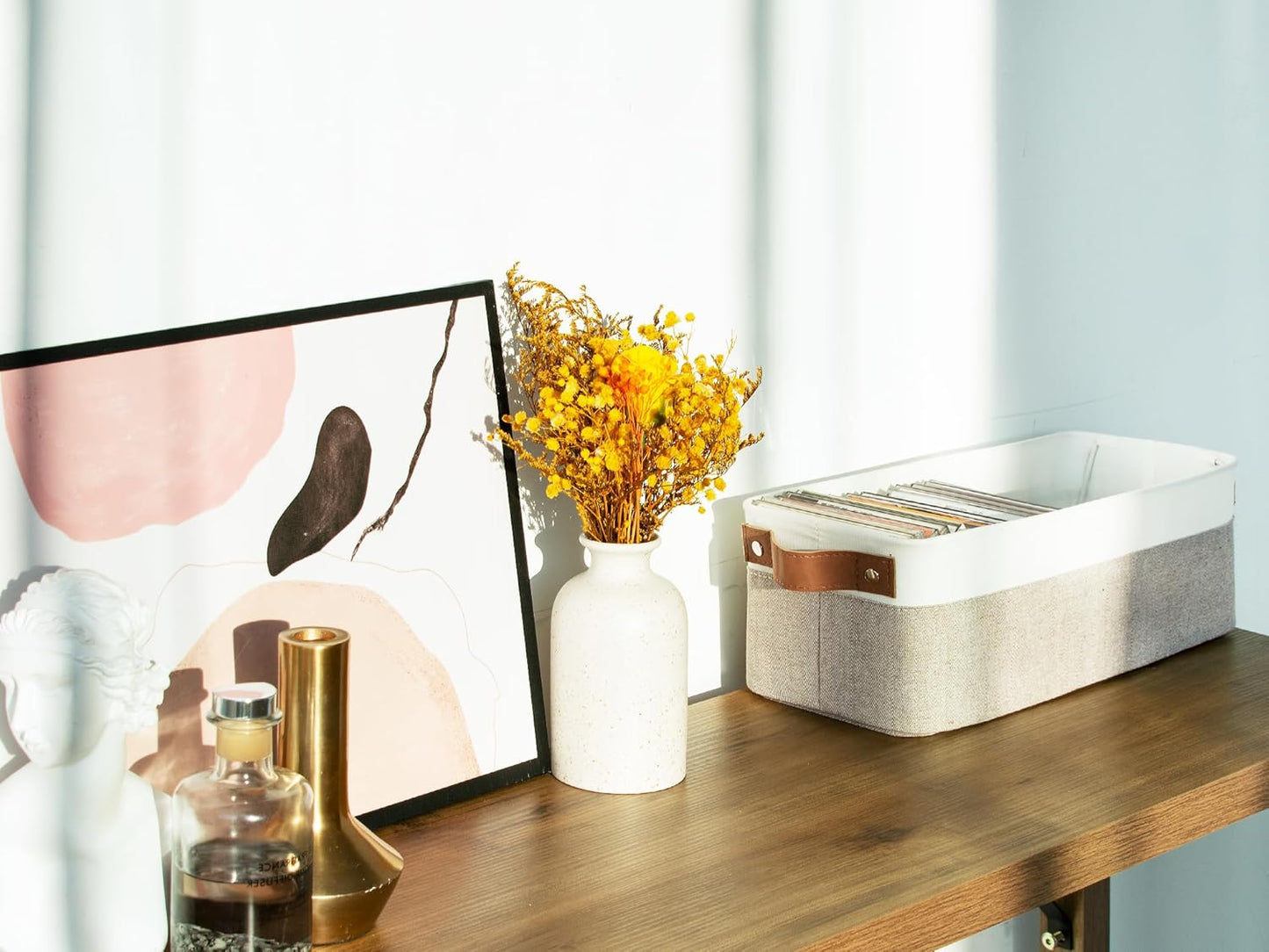 StorageWorks Narrow Storage Bins, Small Baskets for Organizing, Long Storage Basket with Handles, Fabric Storage Bins for Shelf, Brown and White, 2-Pack