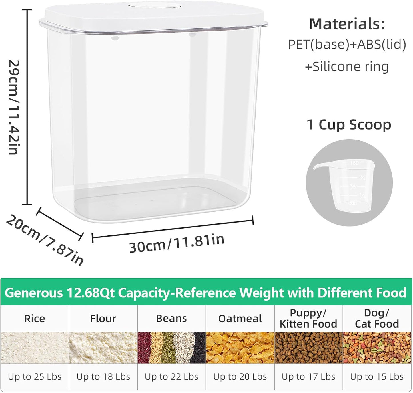 Airtight Rice Container 25 Lbs with Handle and Cup – 12.68Qt Large Flour Sugar Storage Container with Pop Up Seal & Hanging Lid Hooks, Clear Tall Food Storage Bin for Kitchen Pantry Organization