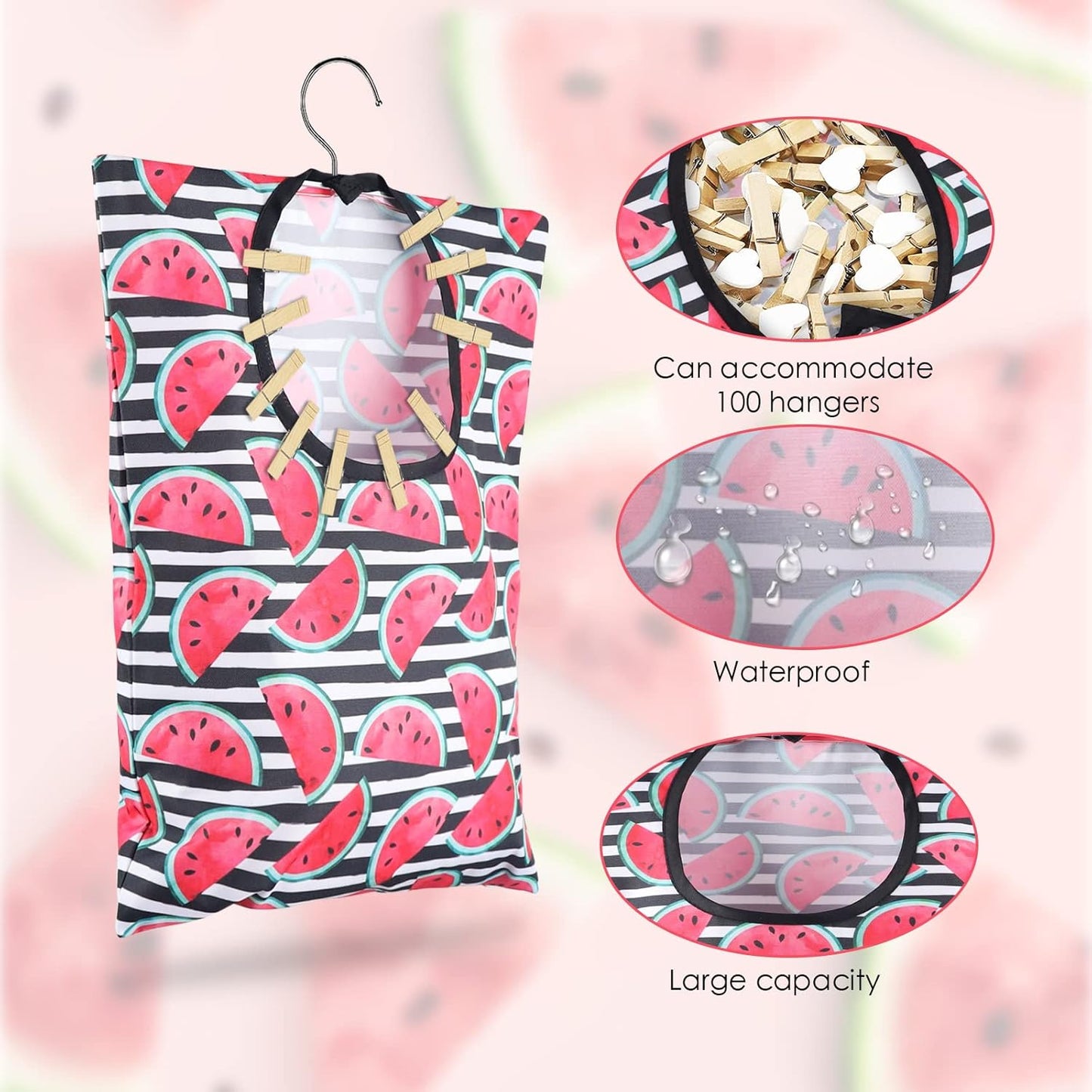 2 Pcs Watermelon Clothespin Bag with Hanging Hook 15 X 11 Inch Watermelon Laundry Canvas Clothes Pin Holder Waterproof Clothespin Bag Clothespin Storage Organizer with A Large Opening (Watermelon)
