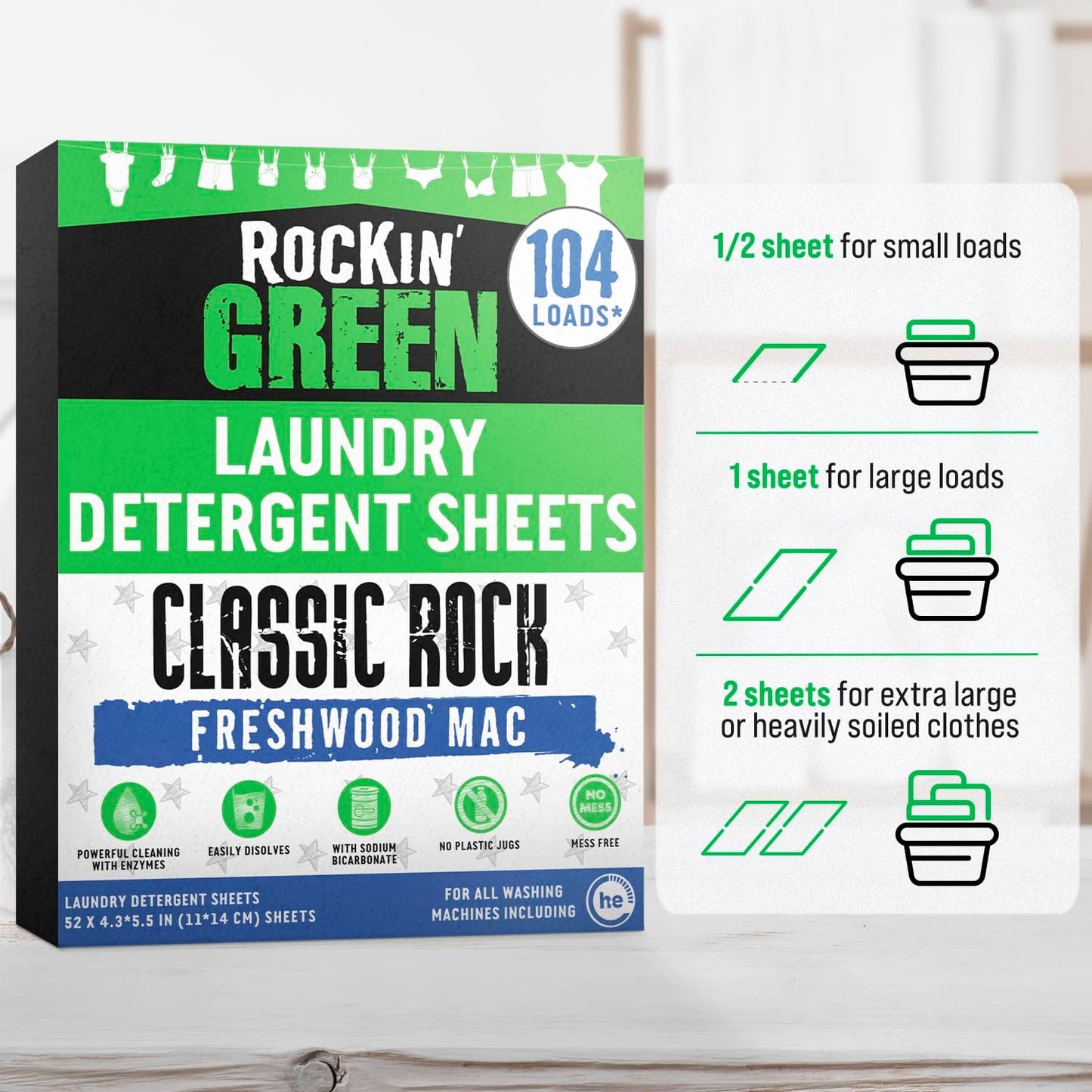 Rockin' Green Travel Laundry Detergent Sheets - Mess-Free Laundry Sheets Detergent Powerful Cleaning with Sodium Bicarbonate - Easily Dissolvable Laundry Soap Sheet (104 Loads, Freshwood Mac)