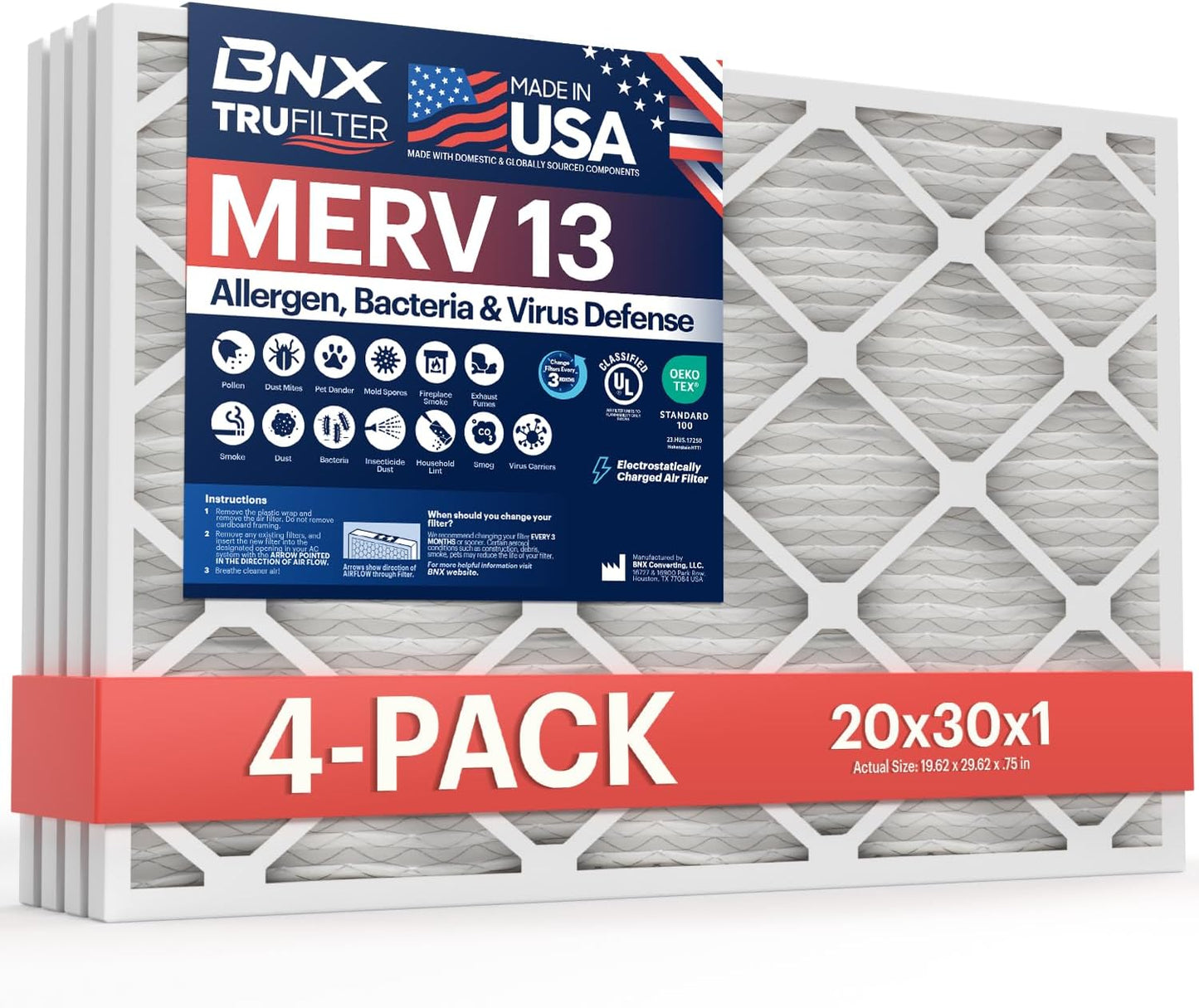 BNX TruFilter 20x30x1 Air Filter MERV 13 (4-Pack) - MADE IN USA - Electrostatic Pleated Air Conditioner HVAC AC Furnace Filters for Allergies, Pollen, Mold, Bacteria, Smoke, Allergen, MPR 1900 FPR 10