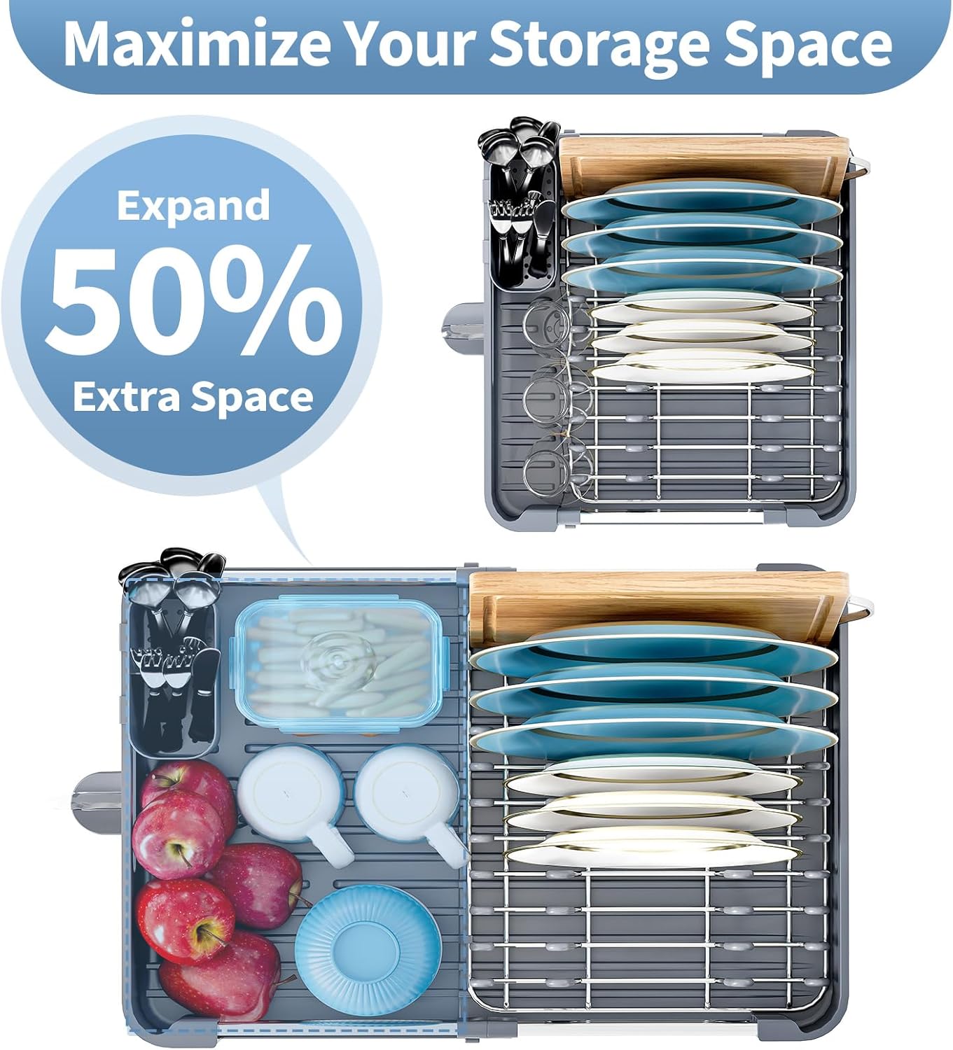 Dish Racks for Kitchen Counter, Dish Drying Rack - Stainless Steel Dish Drainer, Sink Drying Rack with Cutlery Holder, Dishes Organiser and Storage Rack, Gray