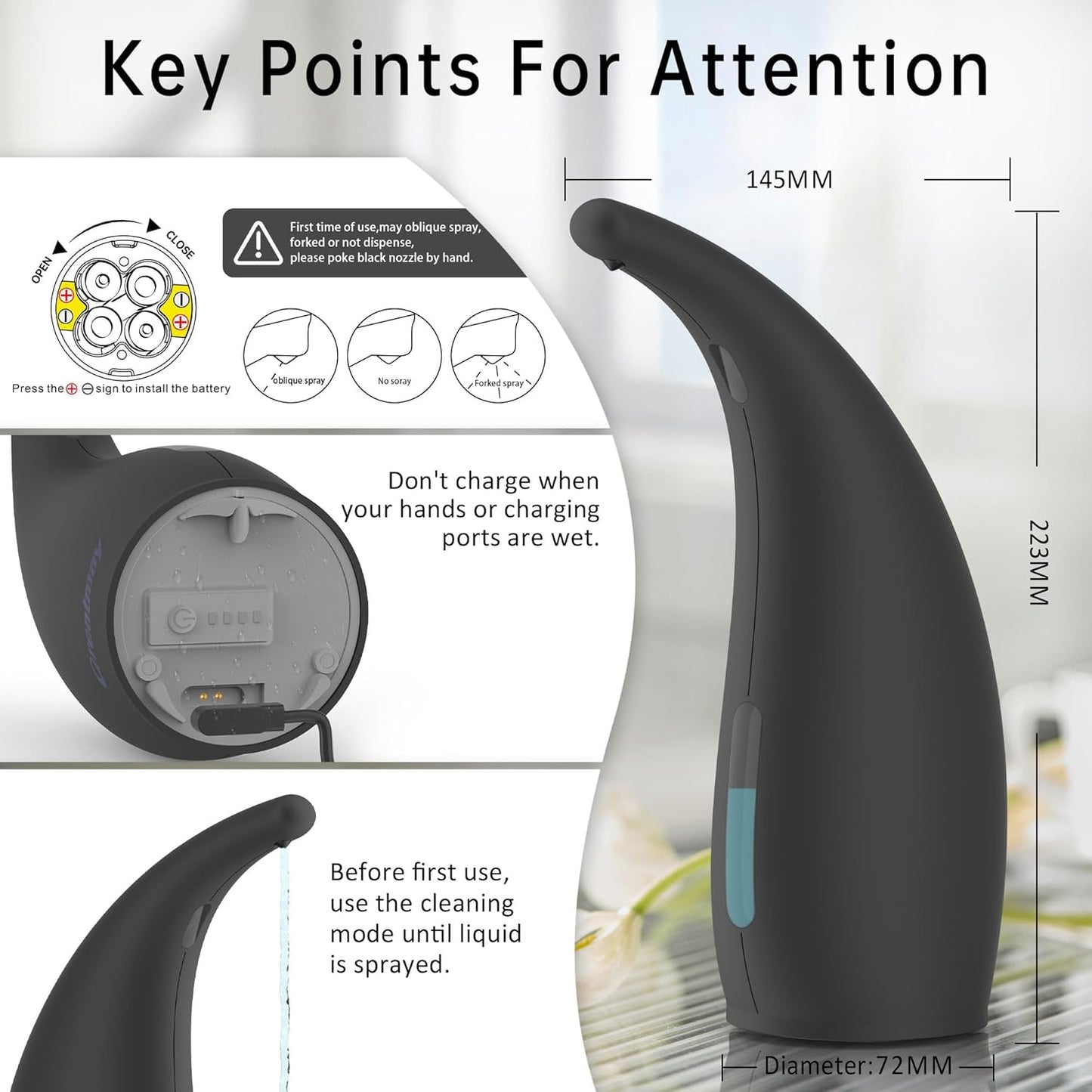 Adjustable Automatic Soap Dispenser Touchless, 4 Adjustable Levels Touchless Sensor Liquid Soap Pump Dispenser，300ml Rechargeable Magnetic Charging Hand Soap Dispenser for Kitchen，Bathroom