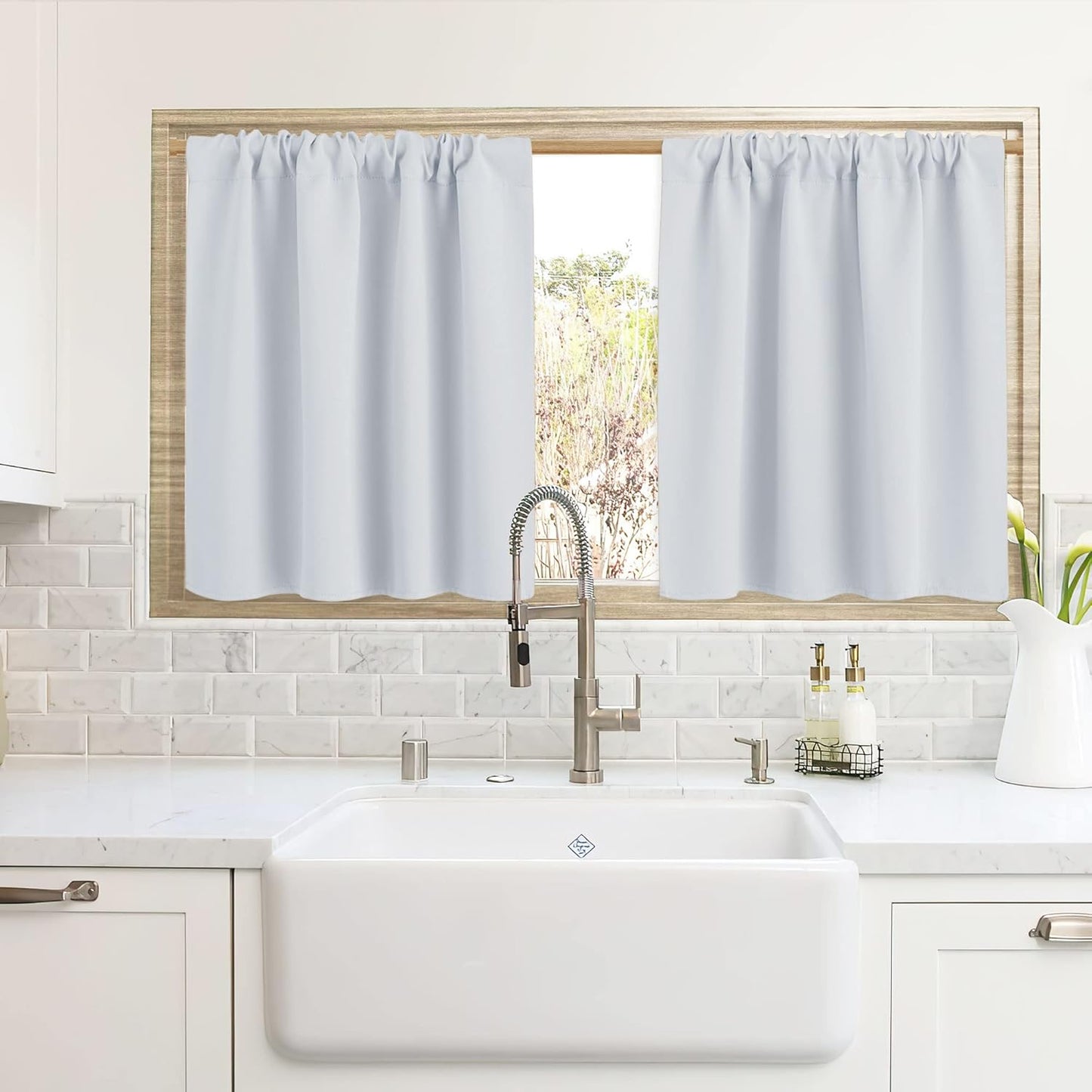RYB HOME Blackout Curtains for Kitchen, Over Sink Privacy Curtains Window Decor, Thermal Insulating Drapes for Bathroom Cafe Bedroom Small Window, W 42 x L 24 inch, Greyish White, 2 Panels