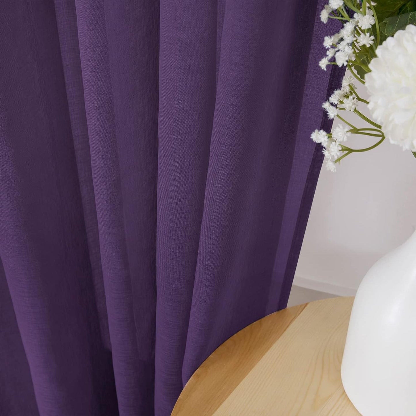 Tollpiz Sheer Curtain Linen Textured Bedroom Curtains Sheer Light Filtering Rod Pocket Voile Curtain for Living Room, 54 x 95 inches Long, Royal Purple, Set of 2 Panels