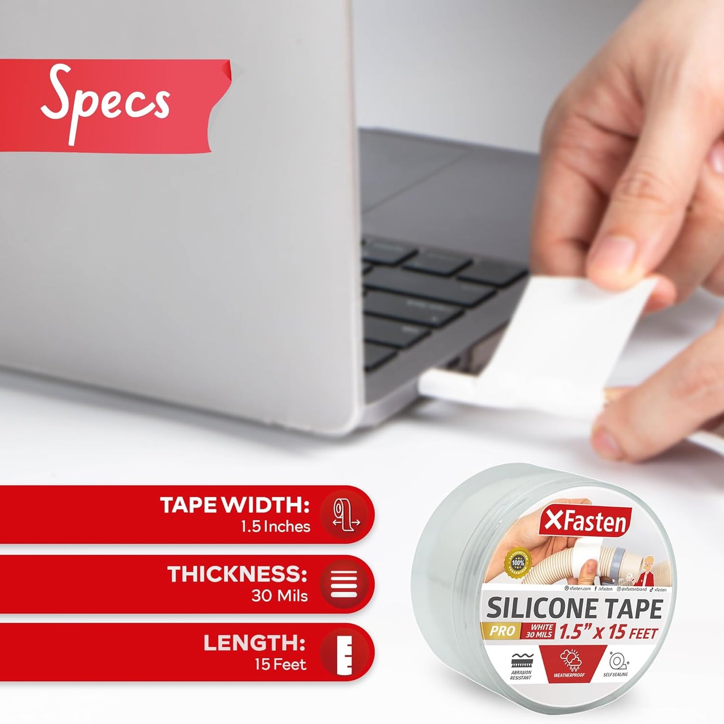 XFasten Self-fusing Silicone Tape Pro, White, 1.5-Inch x 15-Feet, 30mils Heavy-Duty Plumbing Tape for Leaks, Radiator Hose, Drain Pipes, Electrical Cords, and Garden Hose, High Pressure Resistant