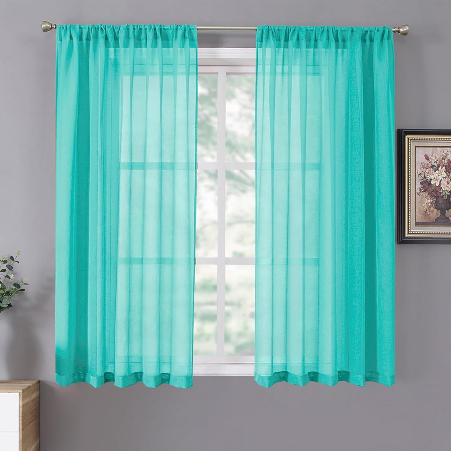 Tollpiz Short Sheer Curtain Living Room Linen Textured Curtains Sheer Light Filtering Voile Rod Pocket Curtain for Bedroom, 38 x 54 inches Long, Aqua Blue, Set of 2 Panels
