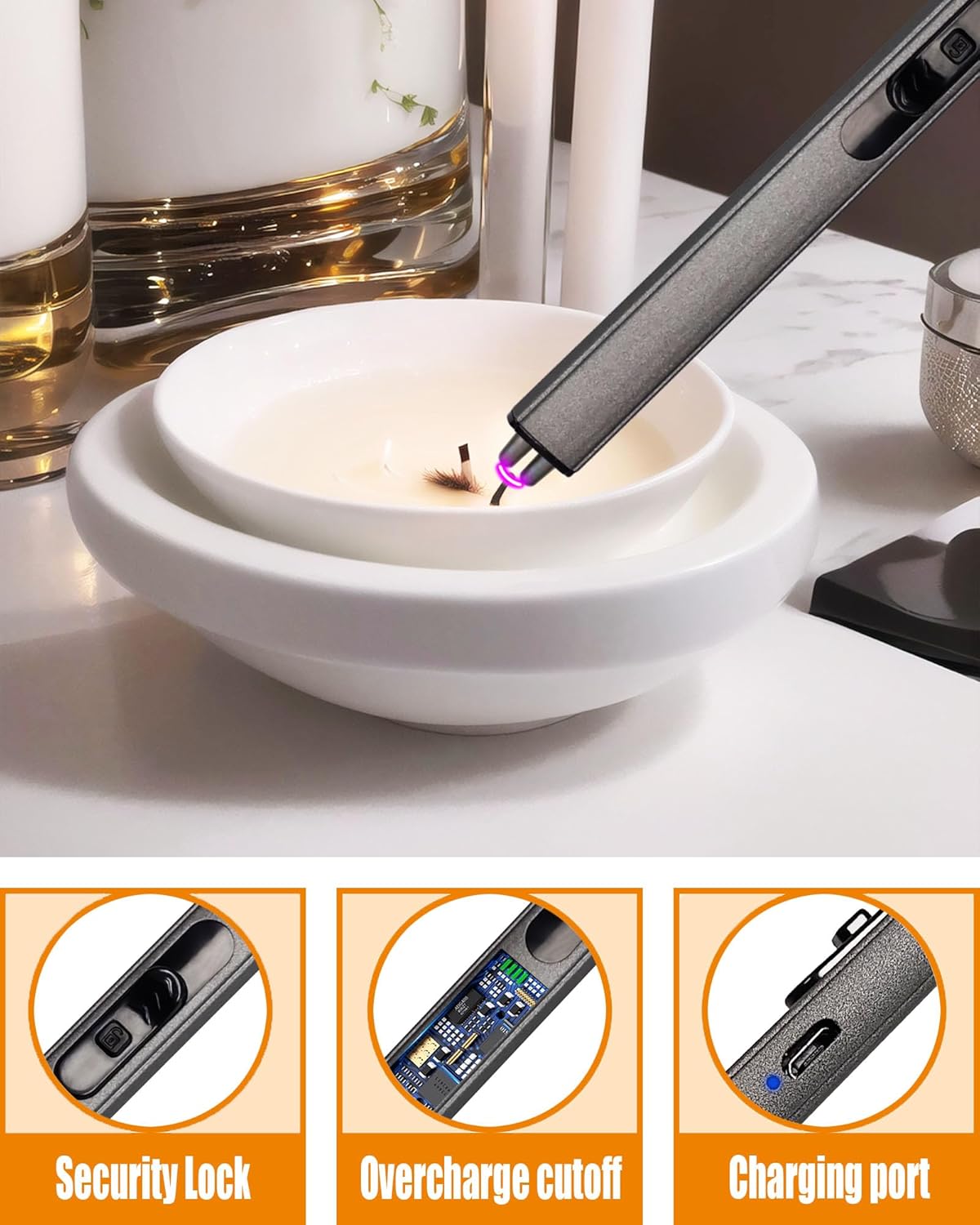 4 in1 Candle Accessory Set with Rechargeable Candle Lighter, Candle Wick Trimmer, Candle Wick Snuffer, Candle Wick Dipper, Candle Care Kit (Silver Black)
