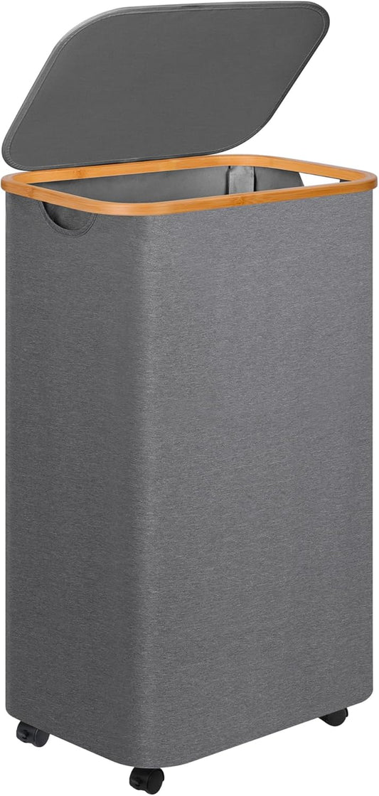 Laundry Basket with Wheels,100L Hampers for Laundry,Large Laundry Hamper with Lid and Bamboo Handles,Collapsible & Waterproof Tall Cloth Hamper for Dormitory Family,Grey