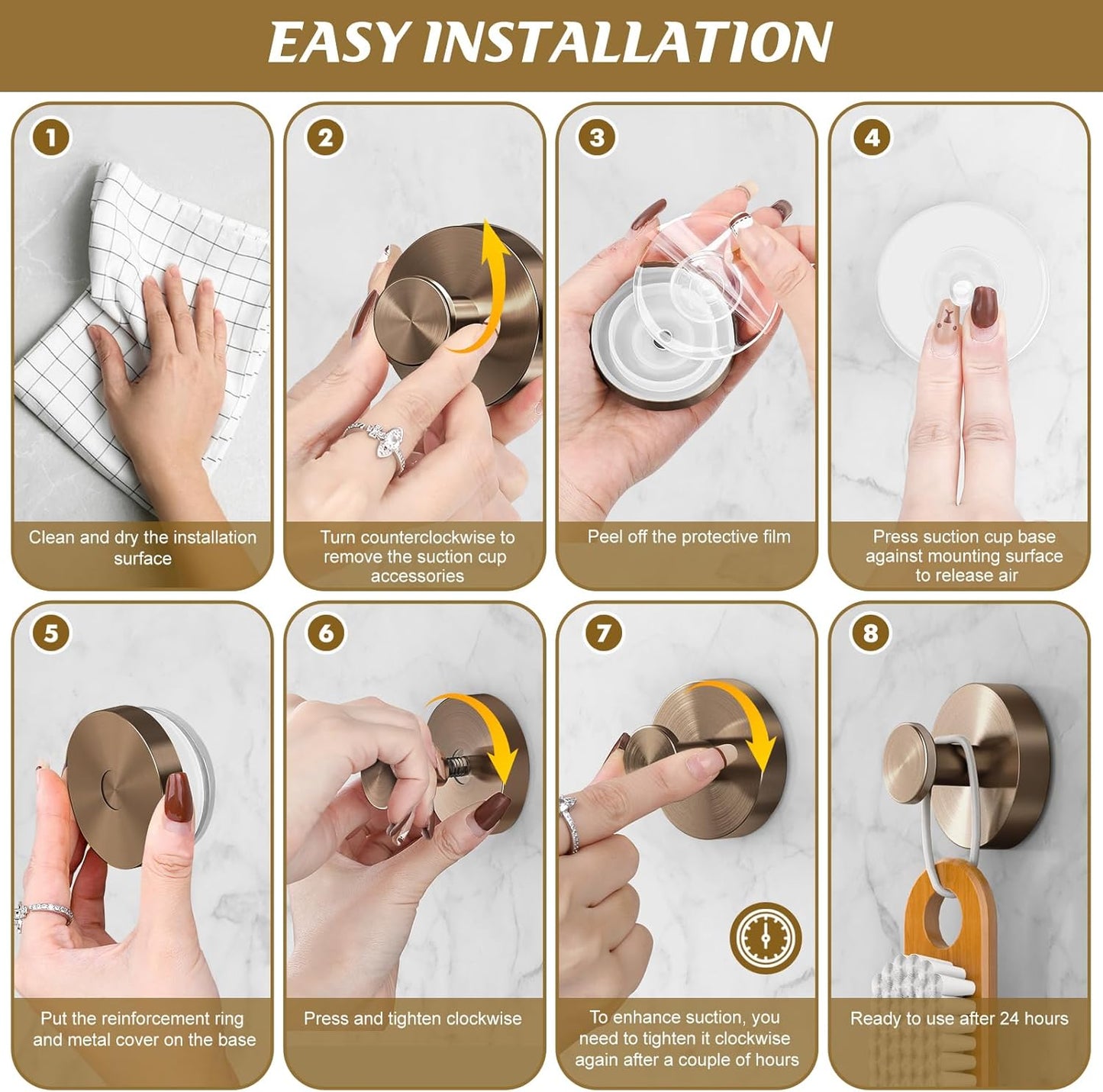 Suction Cup Hooks for Shower,4Pcs Shower Towel Suction Hooks,No Drill Towel Hooks for Bathroom Wall,Kitchen,Glass,Mirror,Tile to Hang Towels,Robes,Loofah-Champagne Bronze